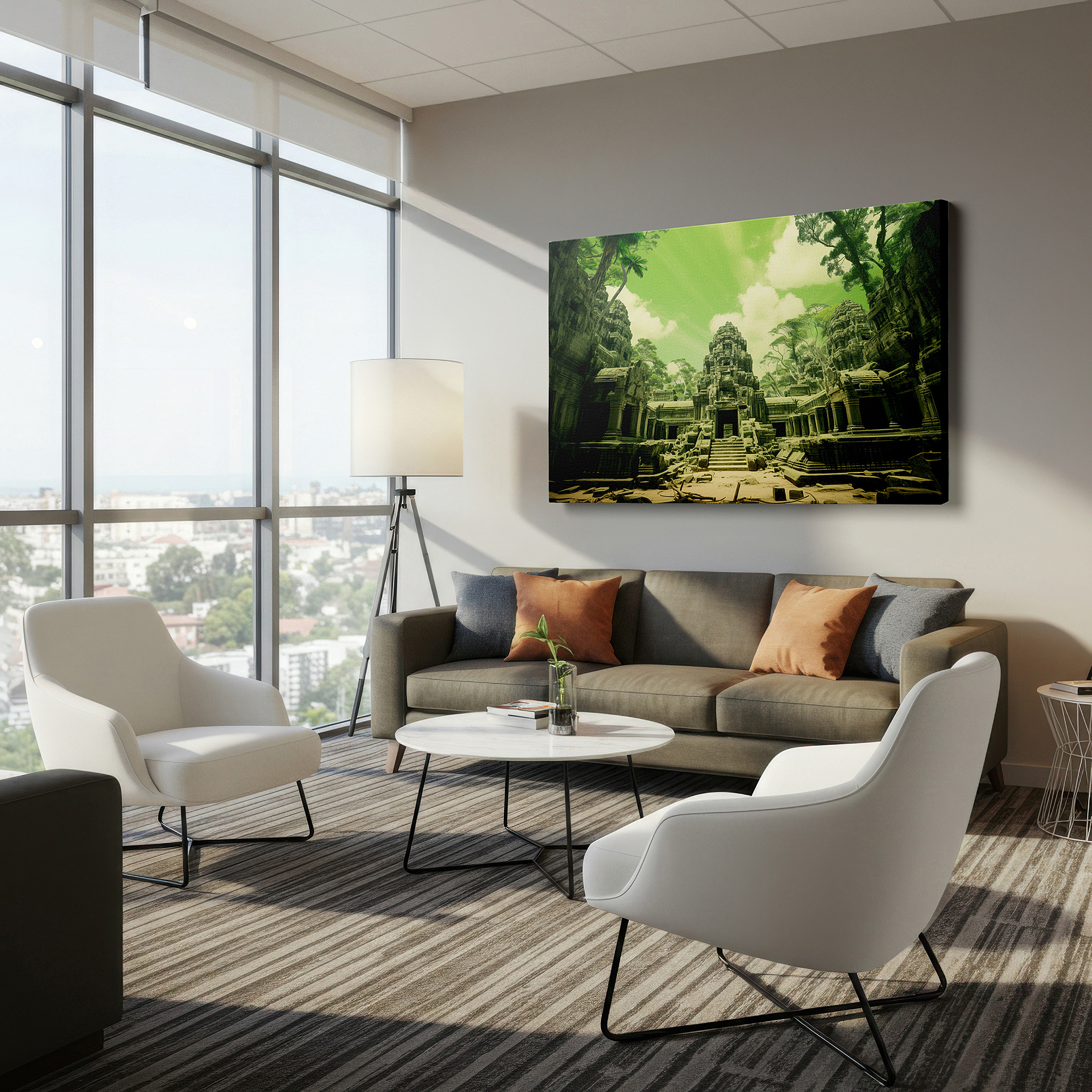Gently illuminated by ambient lighting in an entryway — ancient ruins surrounded by dense jungle: a tribute to time and the resilience of nature - large canvas wall art for office decor