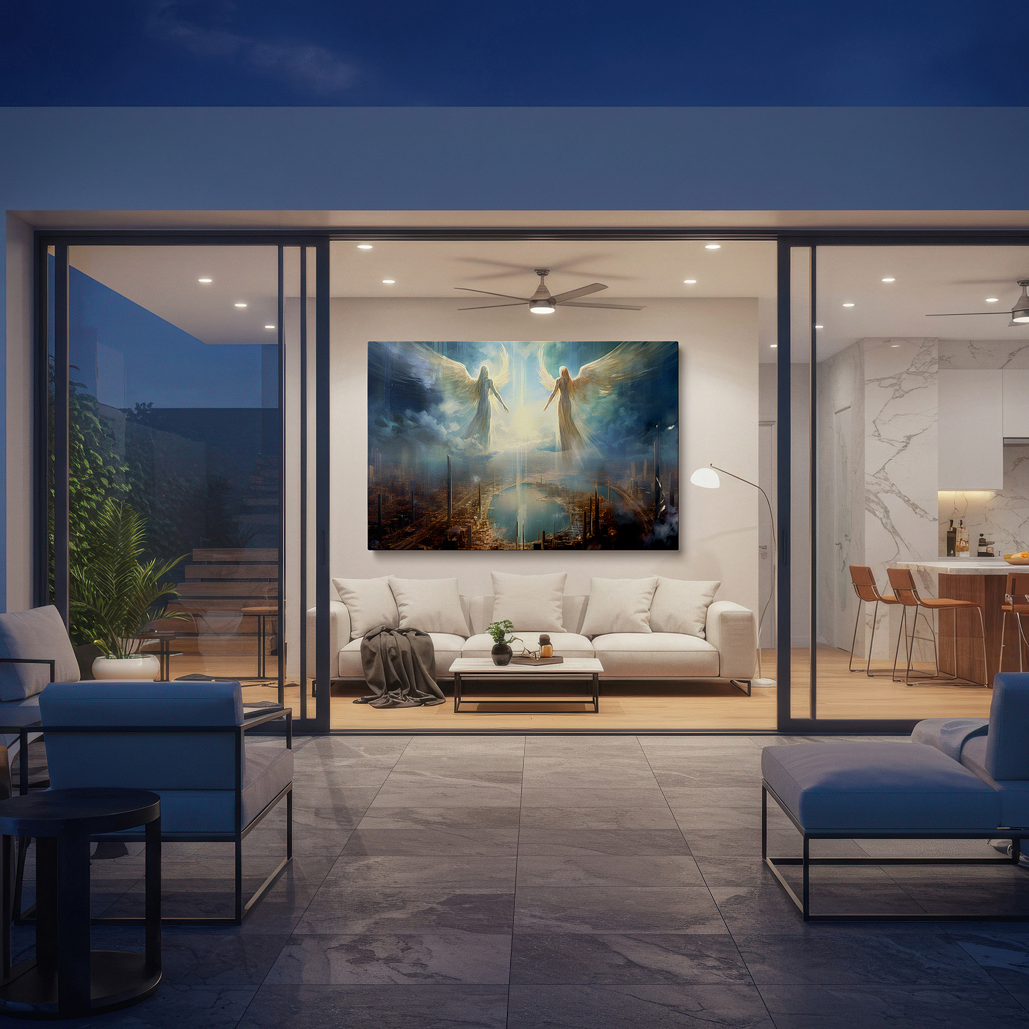 Gently illuminated by ambient lighting in an entryway — angelic figures bathed in radiant light above modern cityscape, symbolizing peace and optimism, large wall art, canvas wall art, wall decor for office