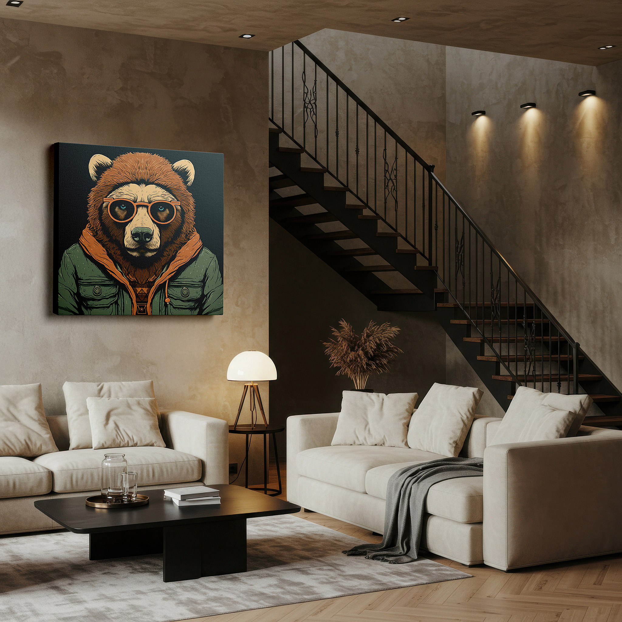 Gently illuminated by ambient lighting in an entryway — bear-themed wall art: blending wilderness with urban elegance - ideal for living rooms, bedrooms, and offices