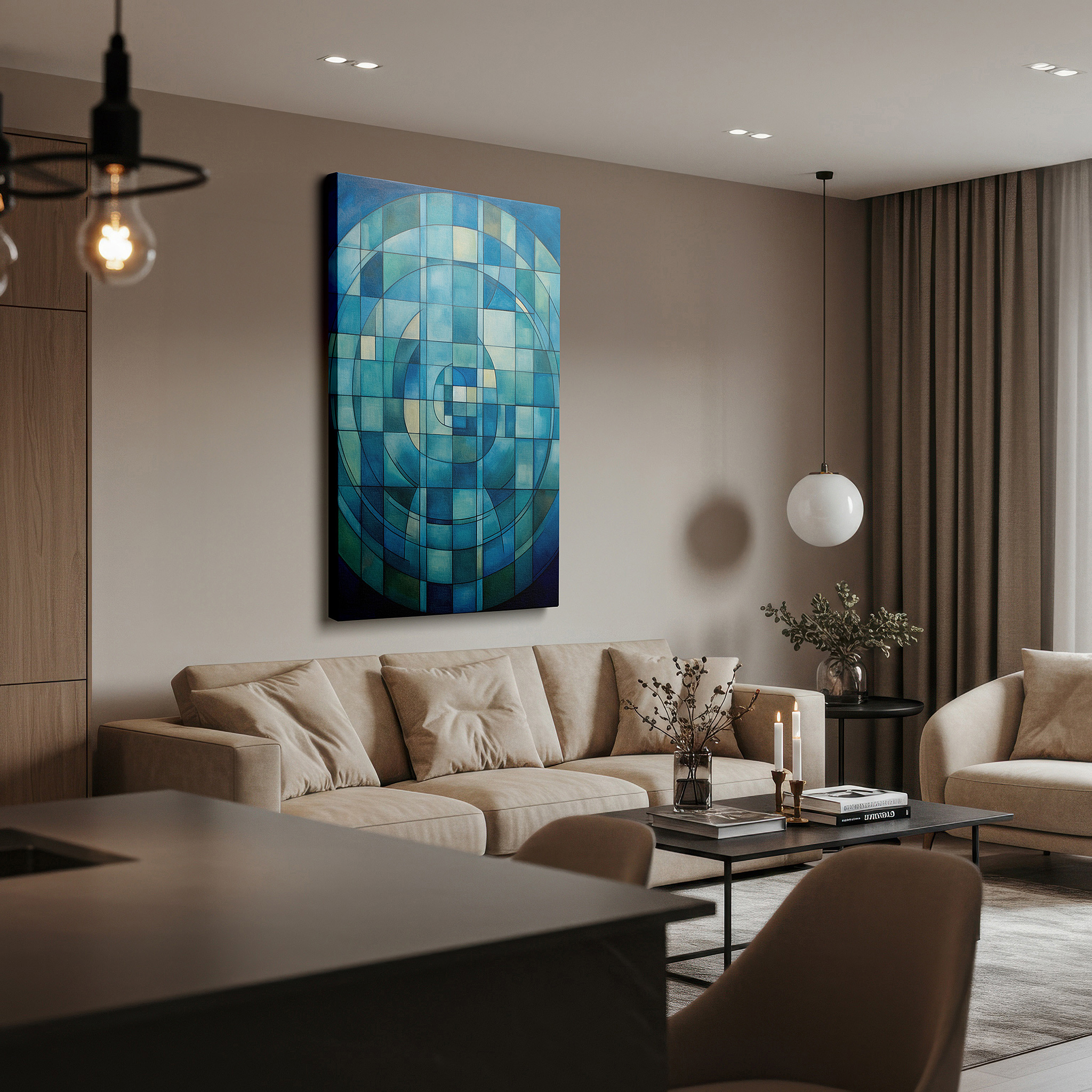 Gently illuminated by ambient lighting in an entryway — blue geometric symphony - abstract shapes large canvas wall art, office and bedroom wall decor