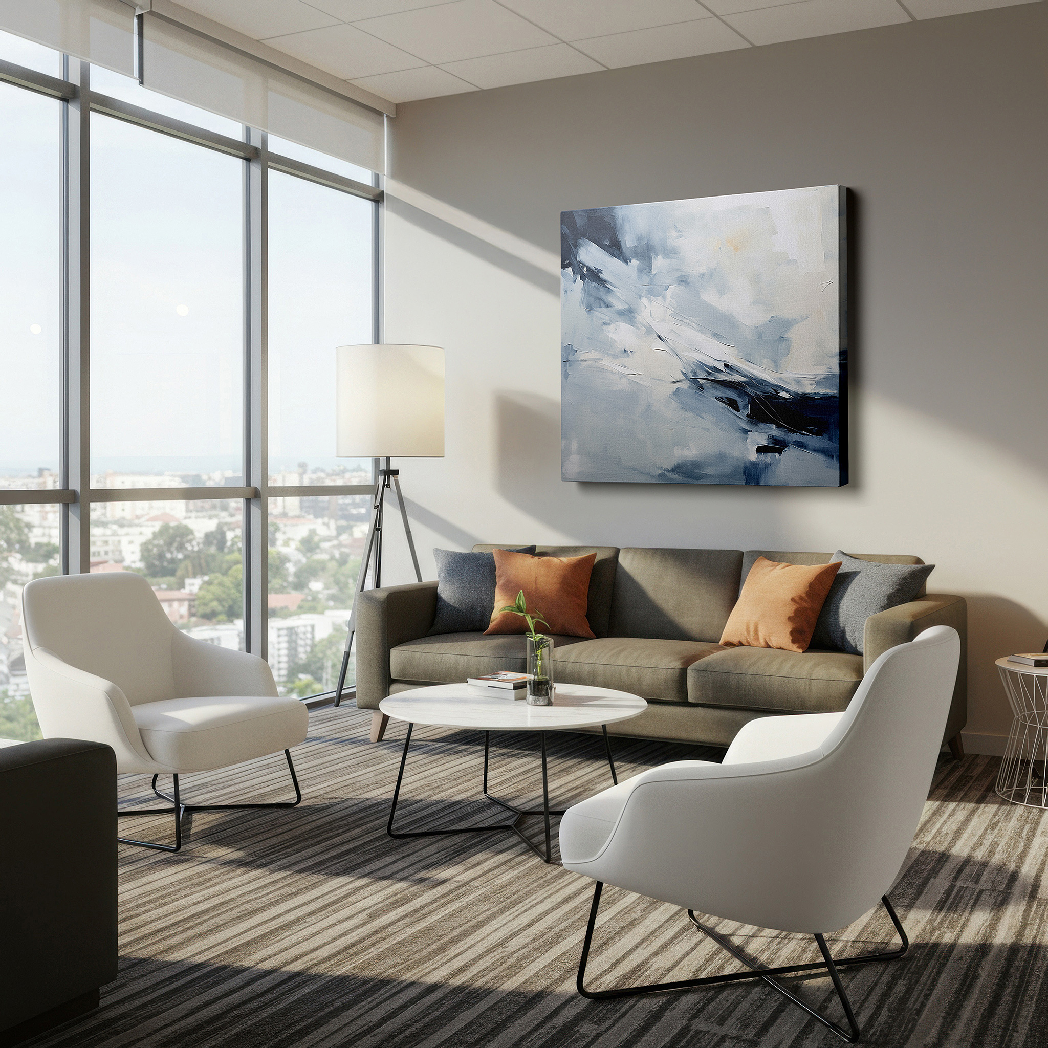 Gently illuminated by ambient lighting in an entryway — blue and white serenity dance, tranquil abstract masterpiece, large canvas wall art for office and bedroom decor