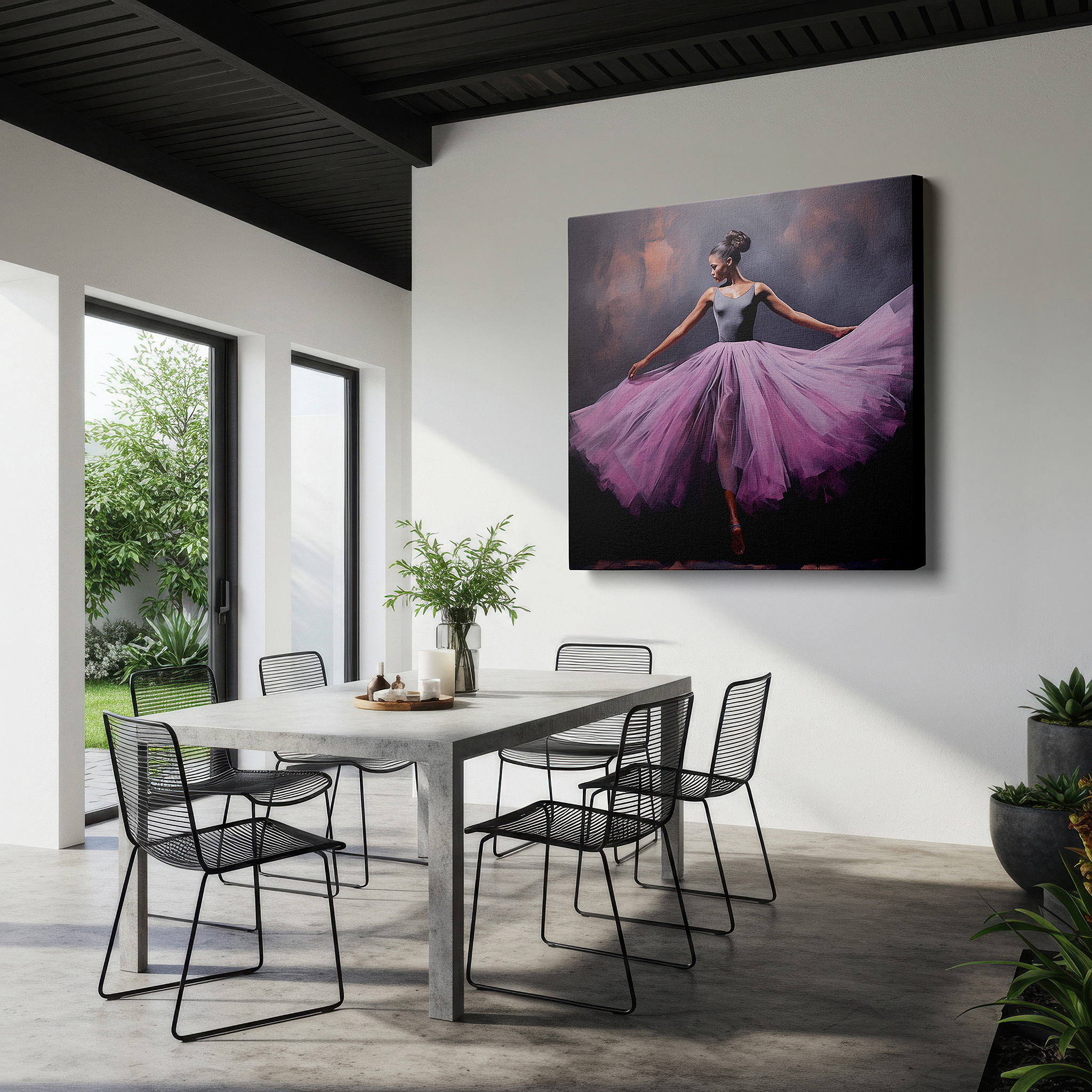 Gently illuminated by ambient lighting in an entryway — captivating dancer in pink tulle wall art: emotion and motion in light and shadow, ideal for office decor, large canvas wall art