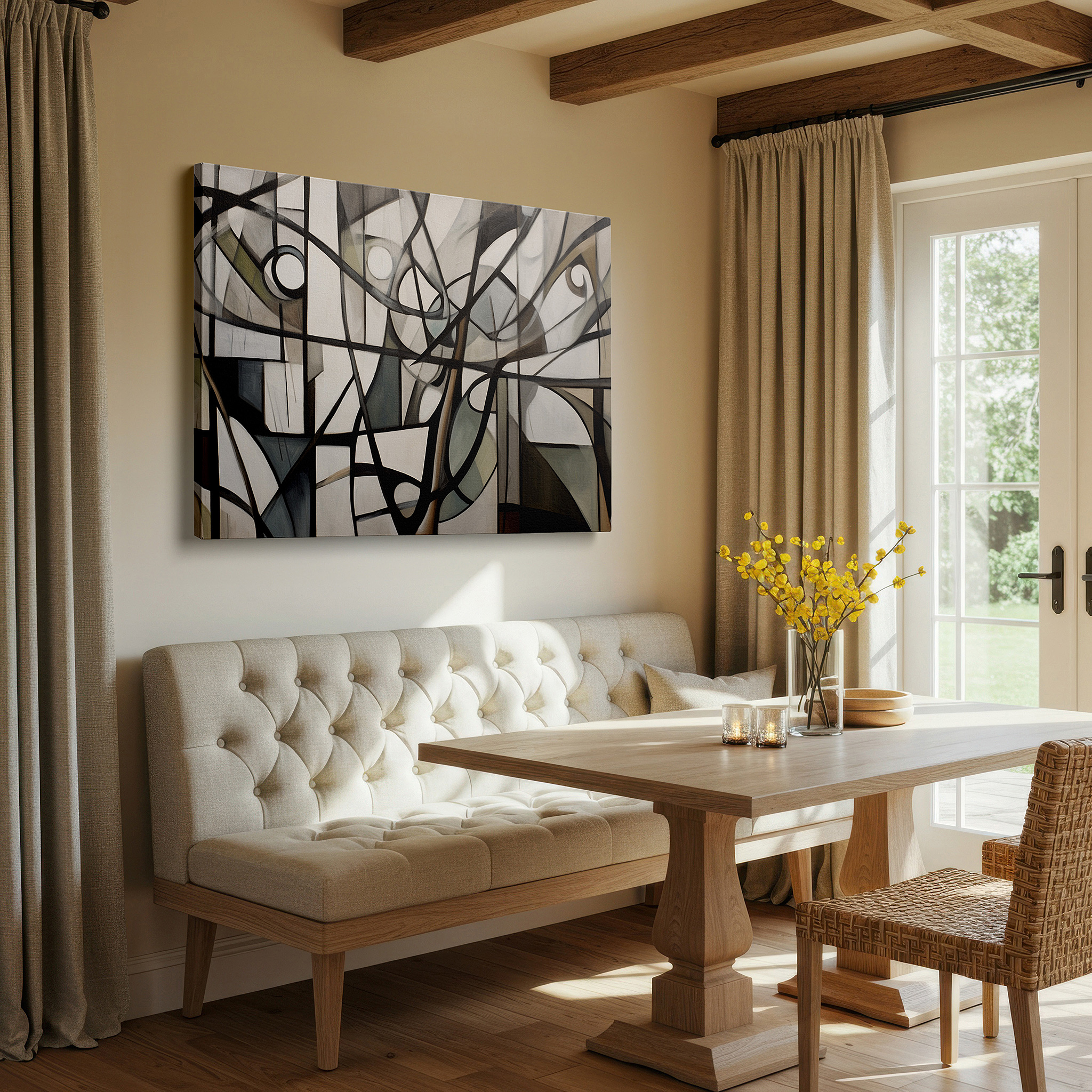 Gently illuminated by ambient lighting in an entryway — captivating monochrome geometric patterns large wall art, canvas wall art, wall decor for office, bedroom, and living room