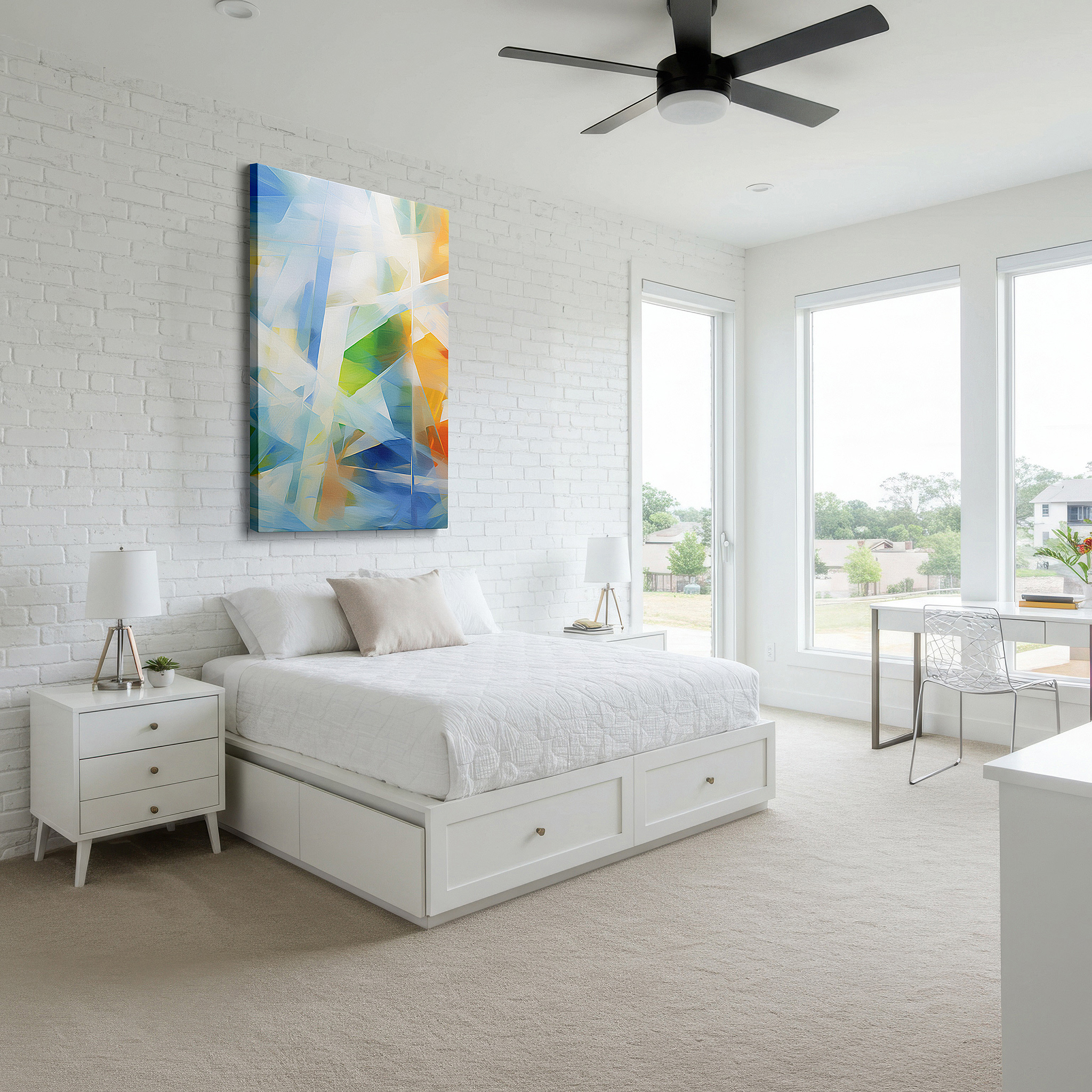 Gently illuminated by ambient lighting in an entryway — a celebration of human creativity and emotion: vibrant colors and geometric shapes in large wall art, canvas wall art, and office wall decor