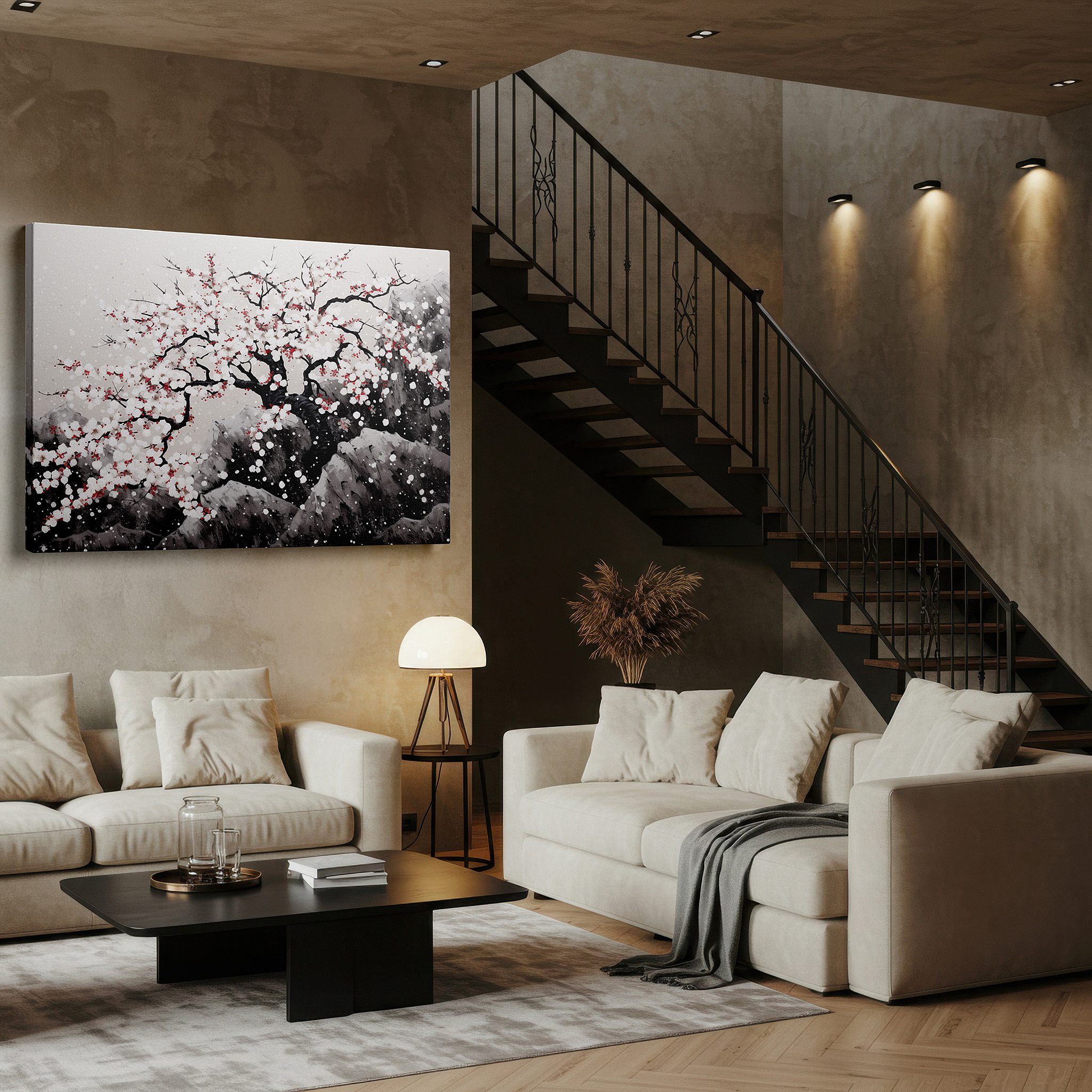 Gently illuminated by ambient lighting in an entryway — cherry blossoms and snow-capped mountains large canvas wall art for office and bedroom decor