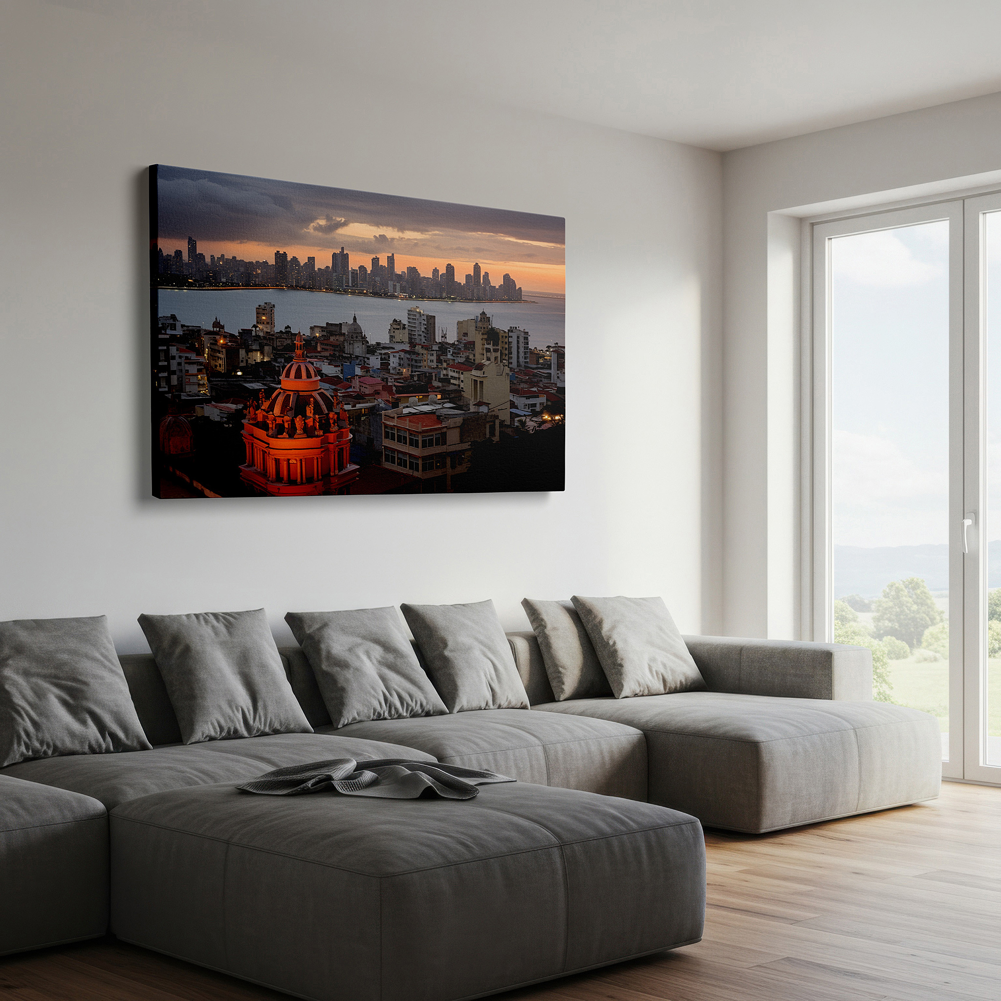 Gently illuminated by ambient lighting in an entryway — city sunset - reflective skyscrapers in a vibrant urban panorama large canvas wall art for office and bedroom decor