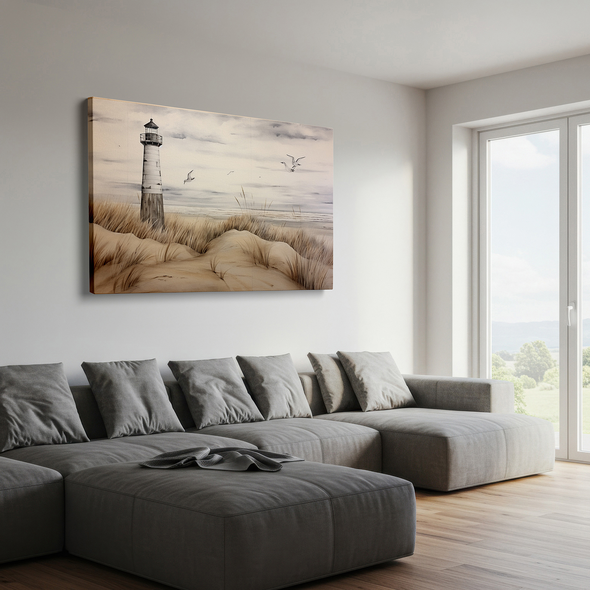 Gently illuminated by ambient lighting in an entryway — coastal serenity: lighthouse, sandy dunes, and soft waves - large canvas wall art for home and office decor