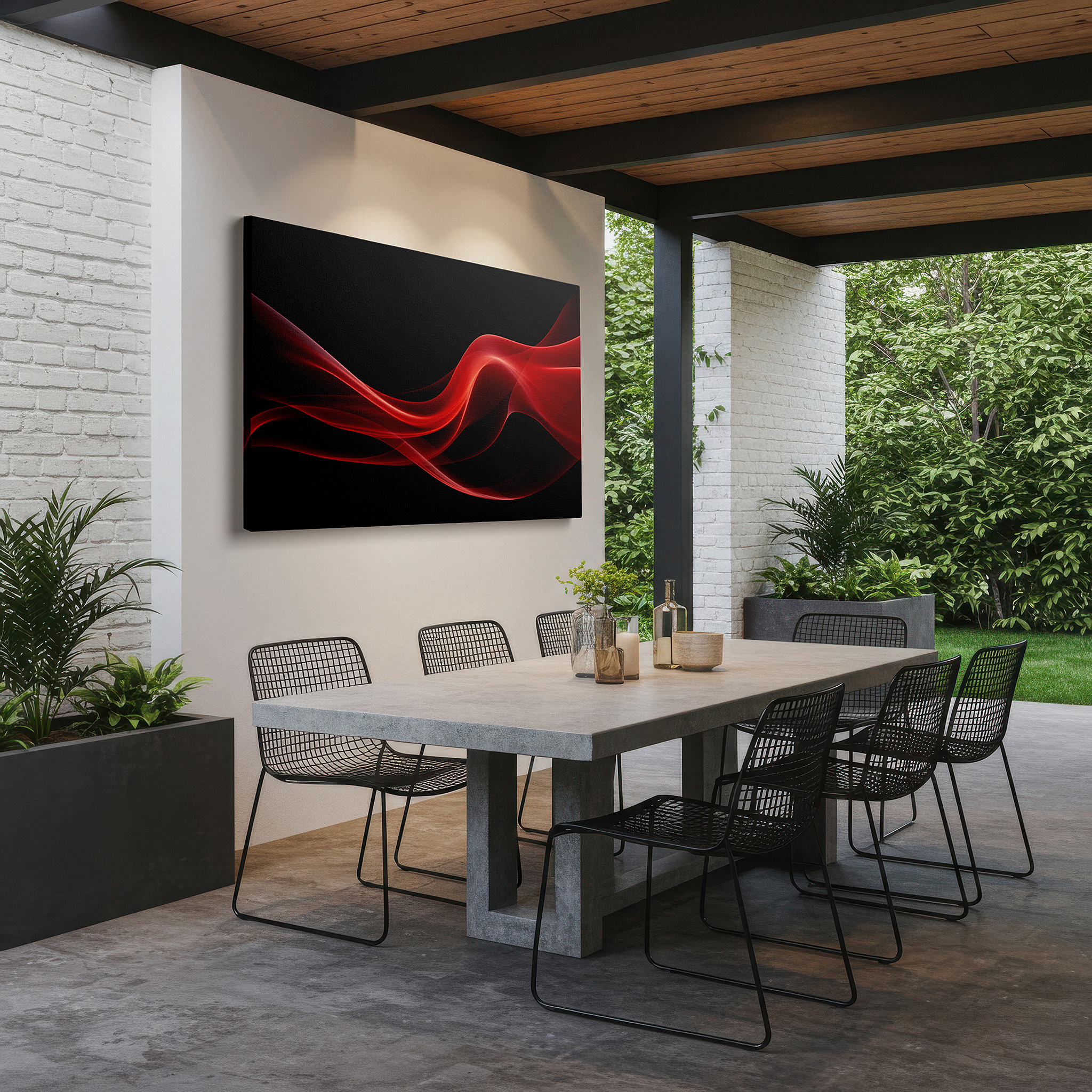 Gently illuminated by ambient lighting in an entryway — contemporary red waves on black - mesmerizing fluid digital art large wall decor, canvas art, office wall art