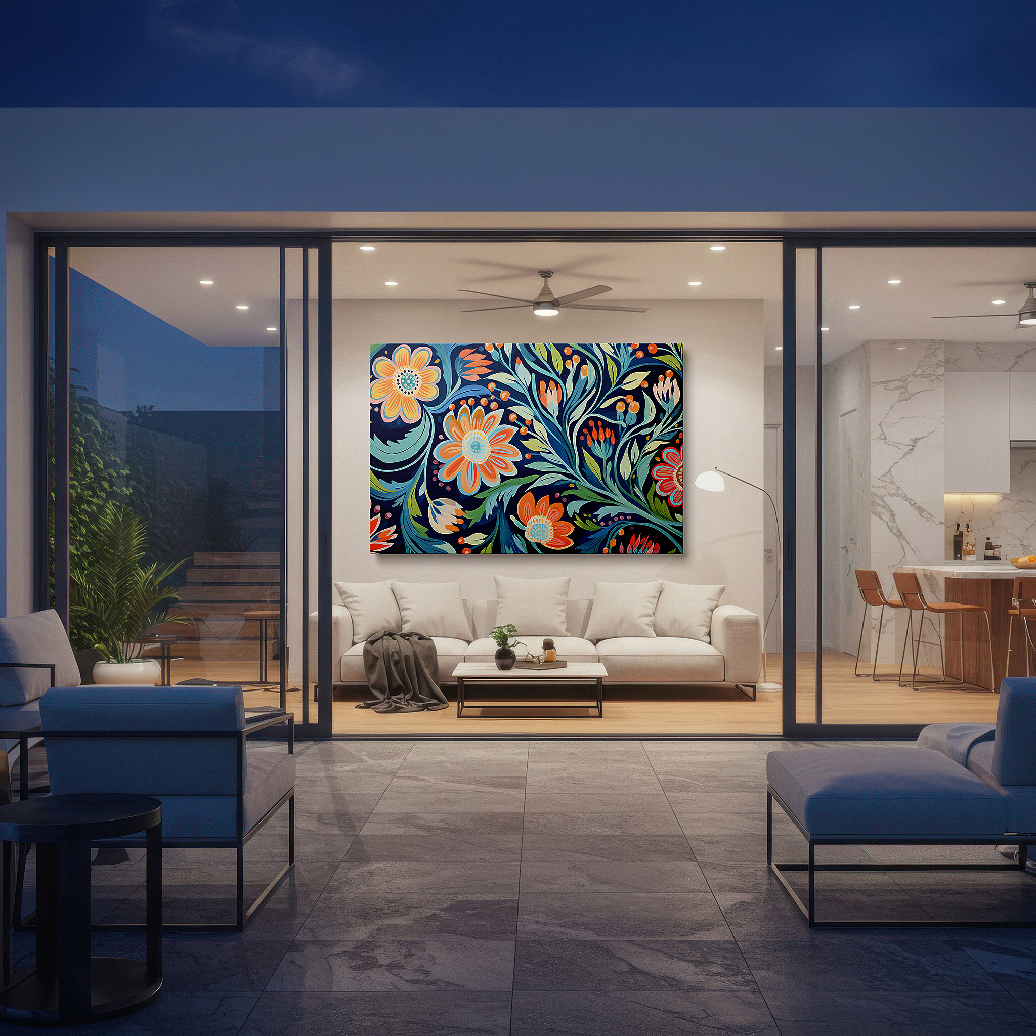 Gently illuminated by ambient lighting in an entryway — dusk in floral paradise - serene and cheerful garden escape wall art for any room, large canvas art, office decor