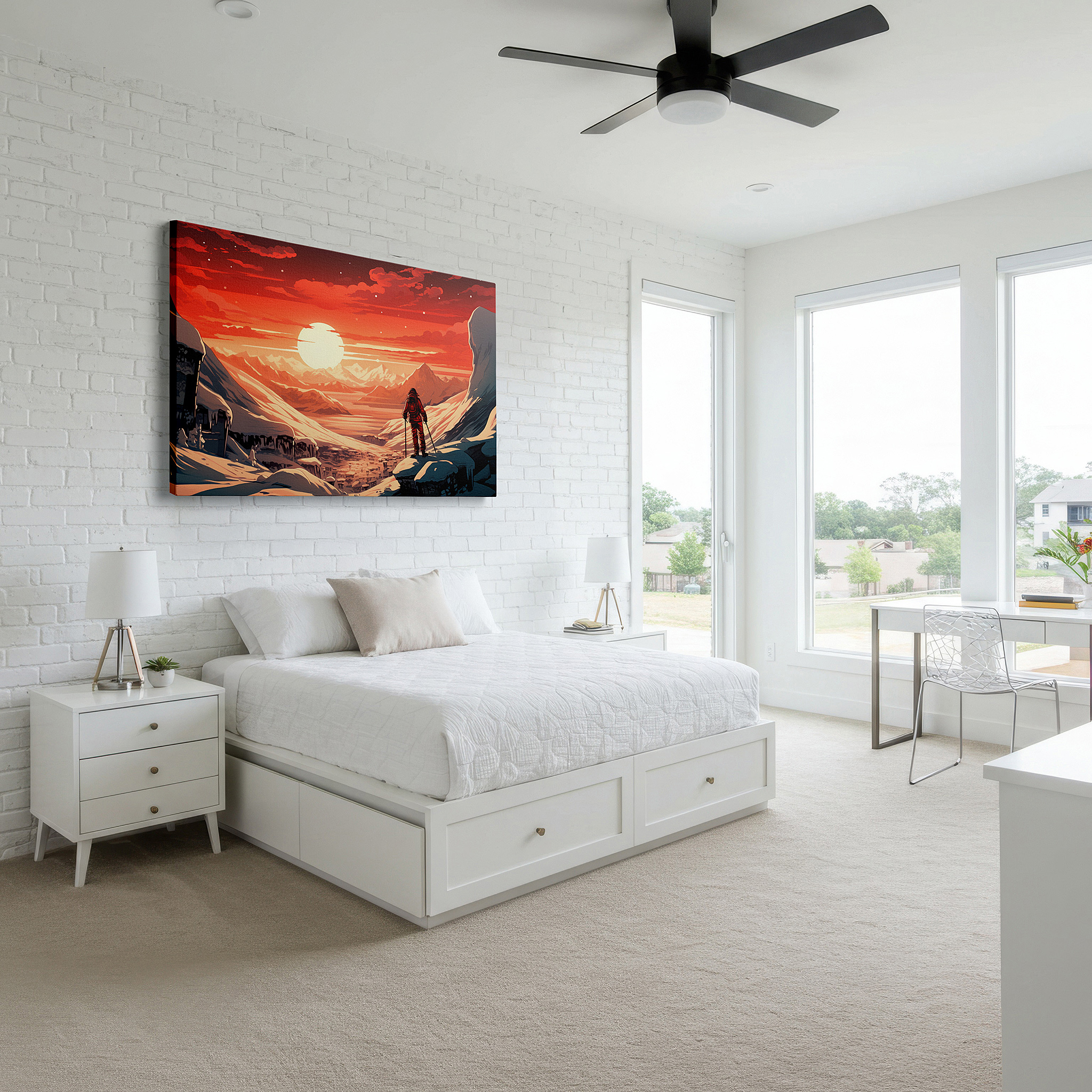 Gently illuminated by ambient lighting in an entryway — dusk triumph - mountaineer's victory over snow-capped peaks under a majestic sunset large wall art, canvas wall art, wall decor, office wall art