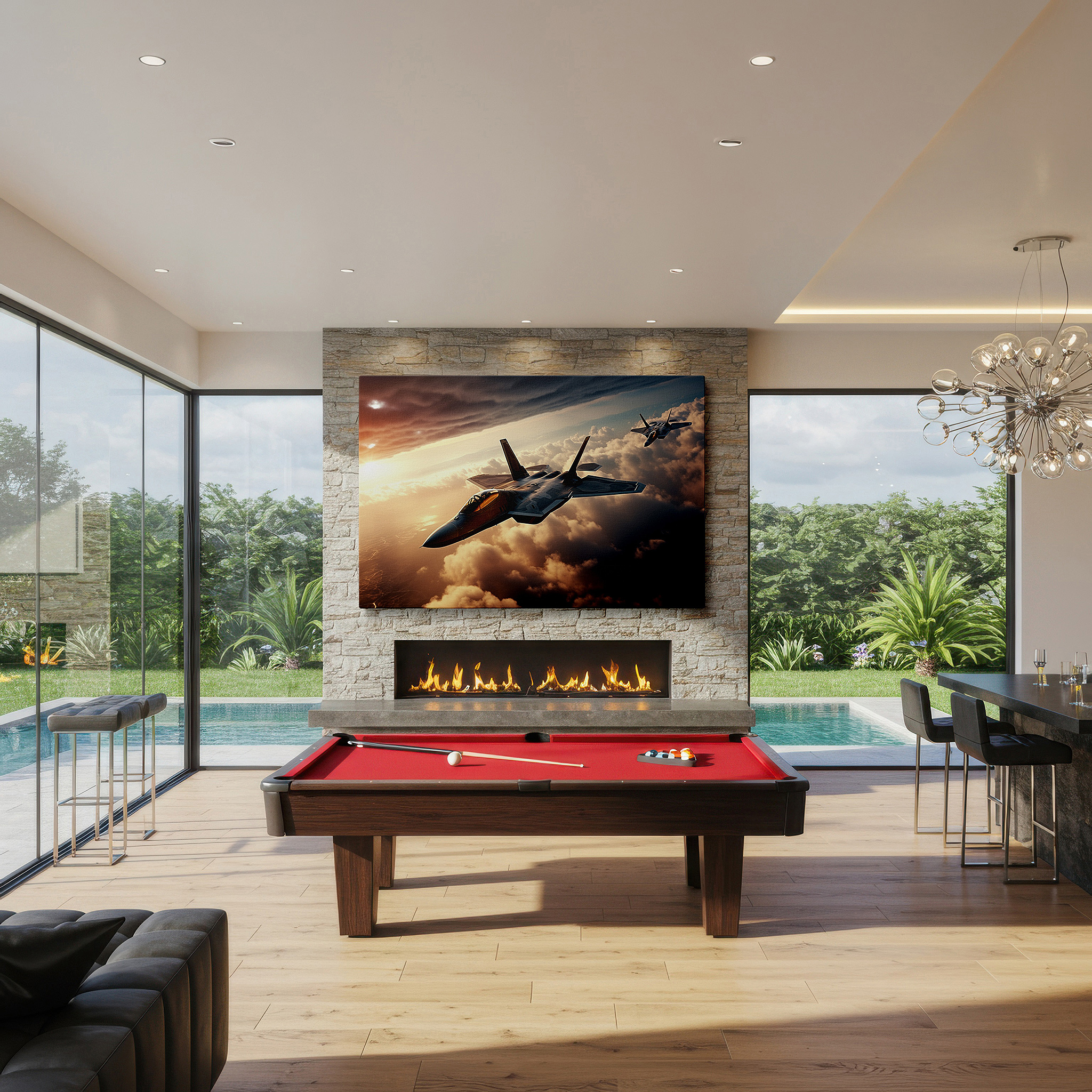 Gently illuminated by ambient lighting in an entryway — dynamic aviation mastery canvas art featuring jets against a sunset sky - ideal for office, bedroom, and living room decor