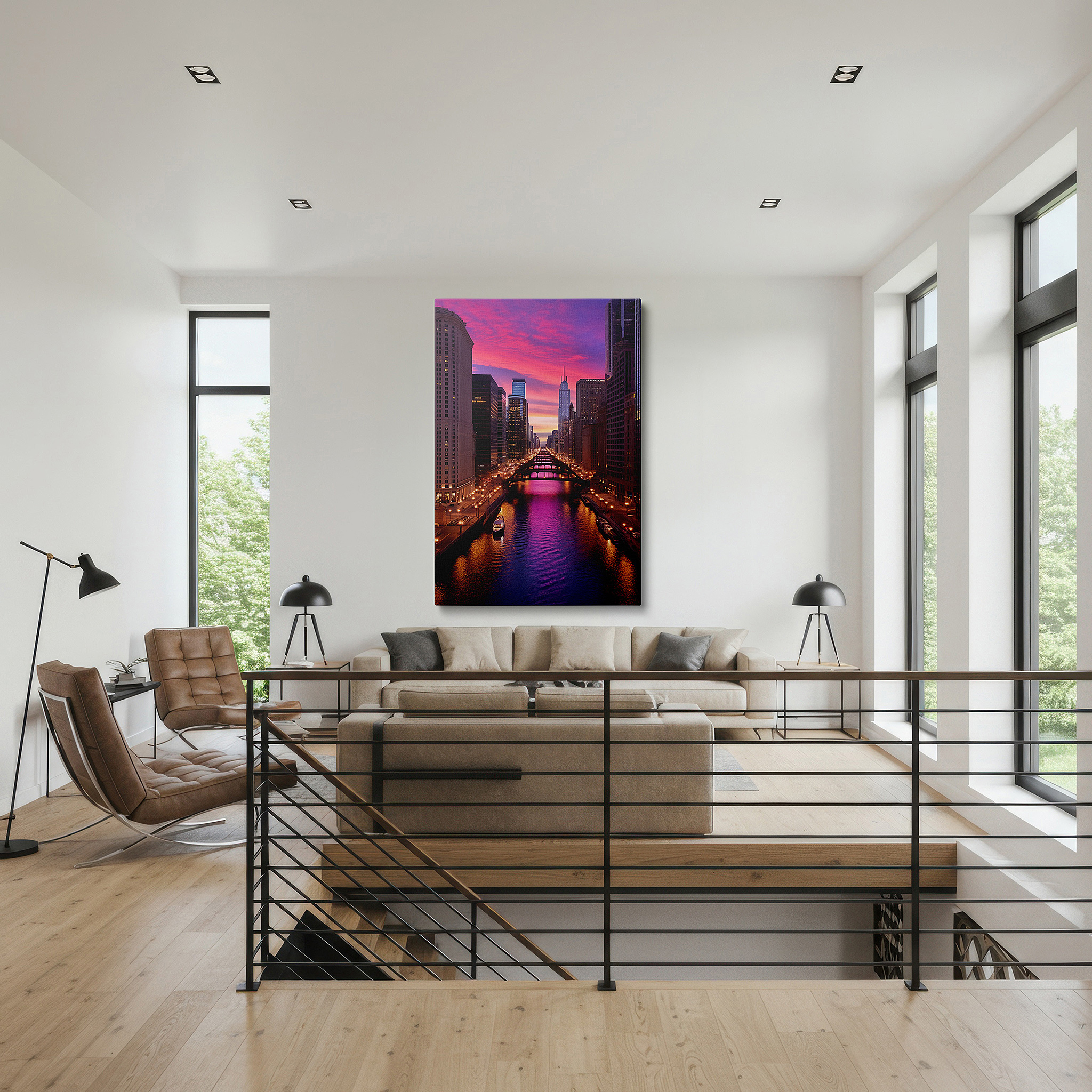 Gently illuminated by ambient lighting in an entryway — dynamic sunset and skyline reflections over the chicago river - large canvas wall art for office decor