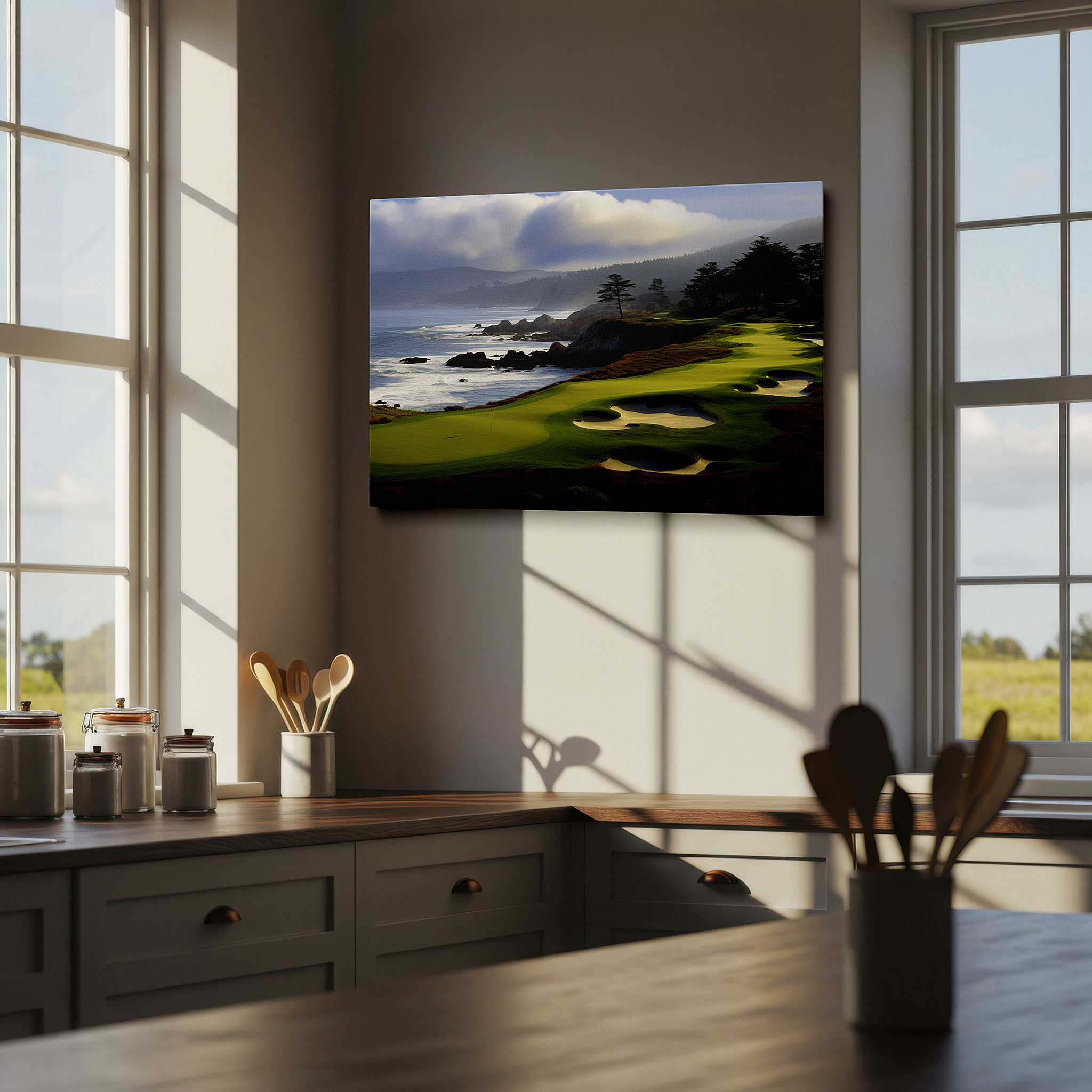 Gently illuminated by ambient lighting in an entryway — elegant coastal golf course and rugged shorelines large wall art, dramatic sky canvas, office and bedroom wall decor