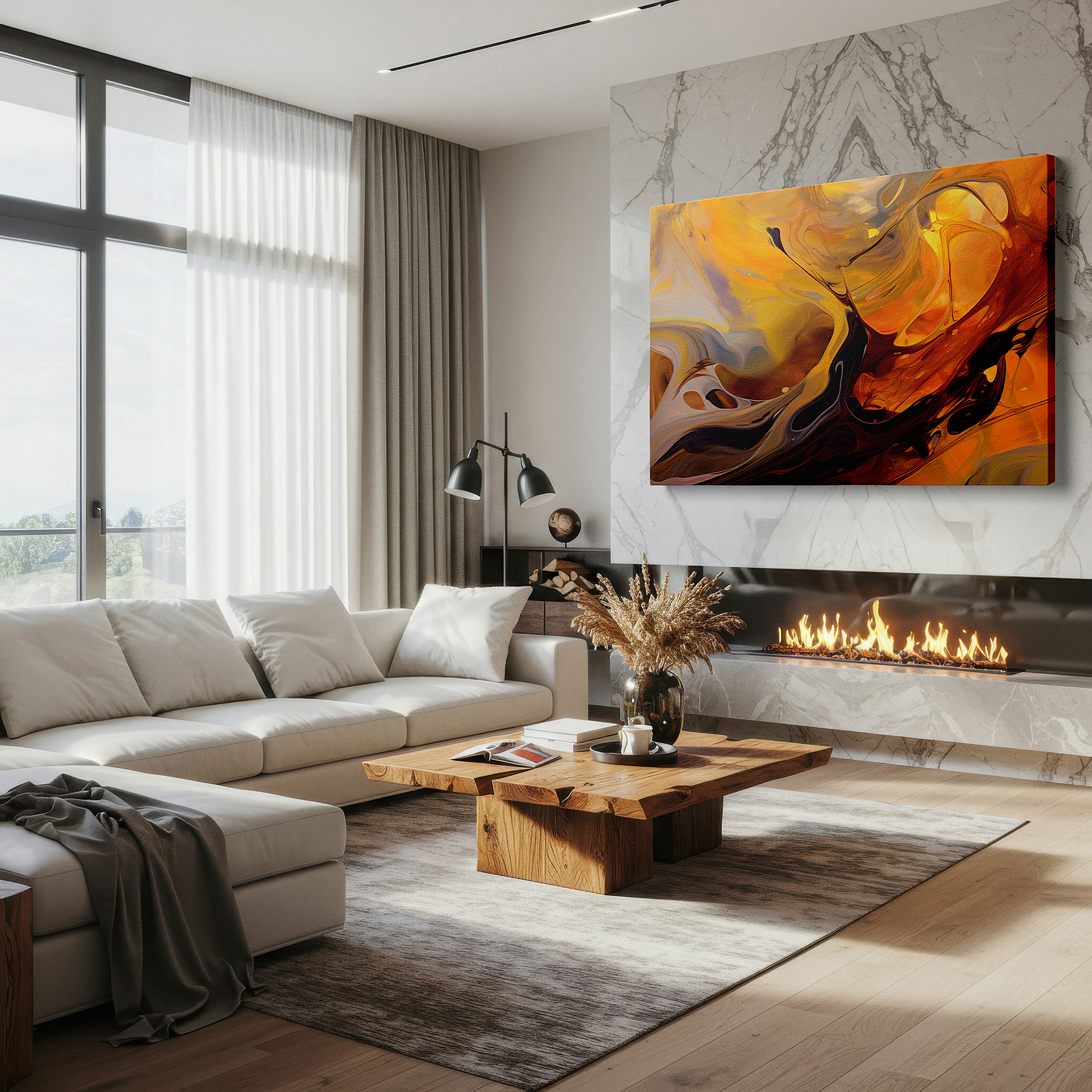Gently illuminated by ambient lighting in an entryway — elegant gold and brown swirls create a cozy, textured visual experience large wall art, canvas wall art, wall decor, office wall art, bedroom wall art