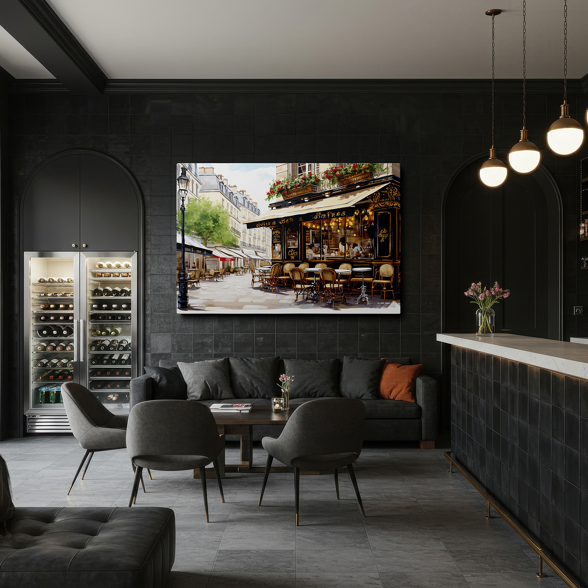 Gently illuminated by ambient lighting in an entryway — elegant parisian café wall art featuring lush florals and classic architecture, perfect for office or bedroom decor