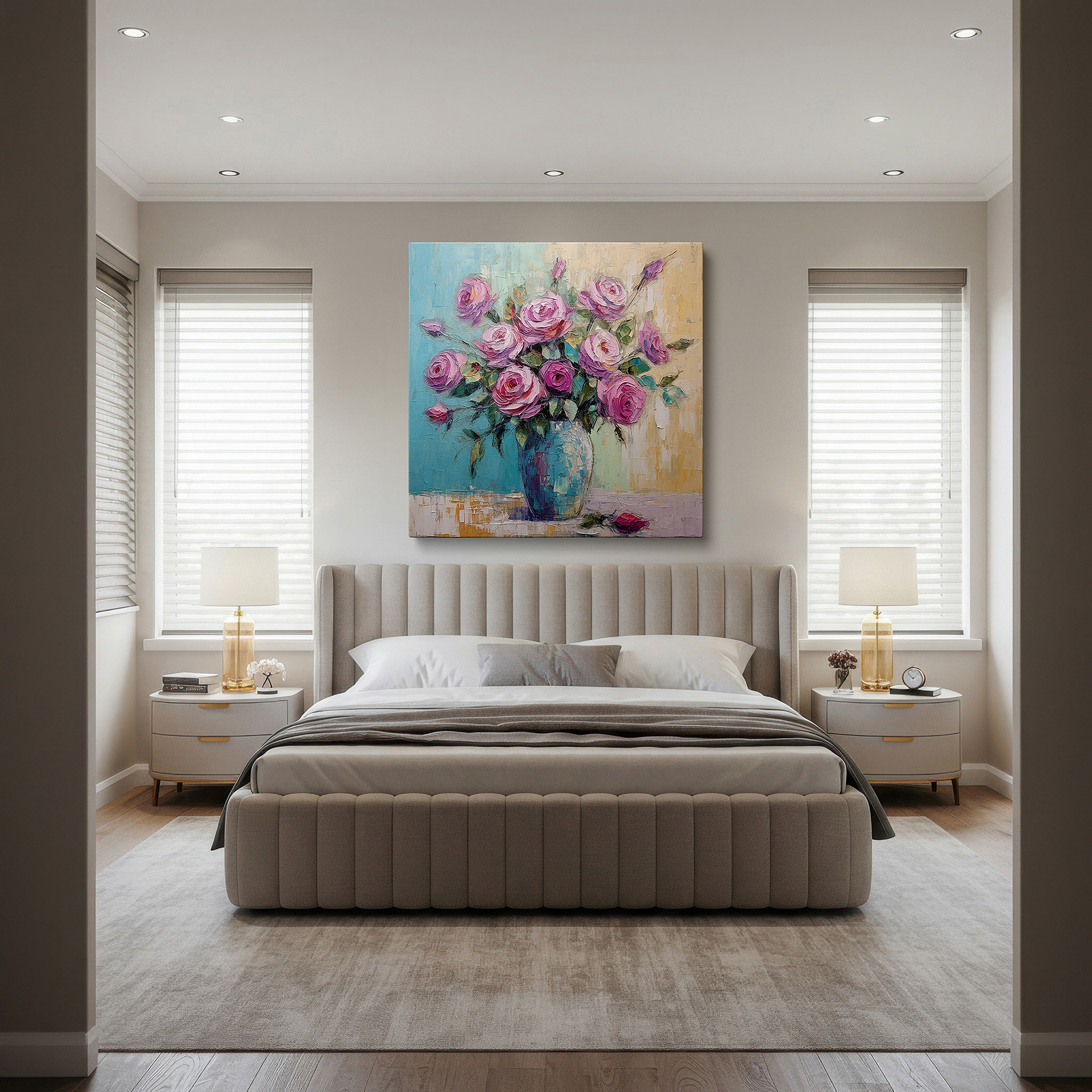 Gently illuminated by ambient lighting in an entryway — elegant pink roses in a crafted vase with dreamlike abstract background - large canvas wall art for office and bedroom decor