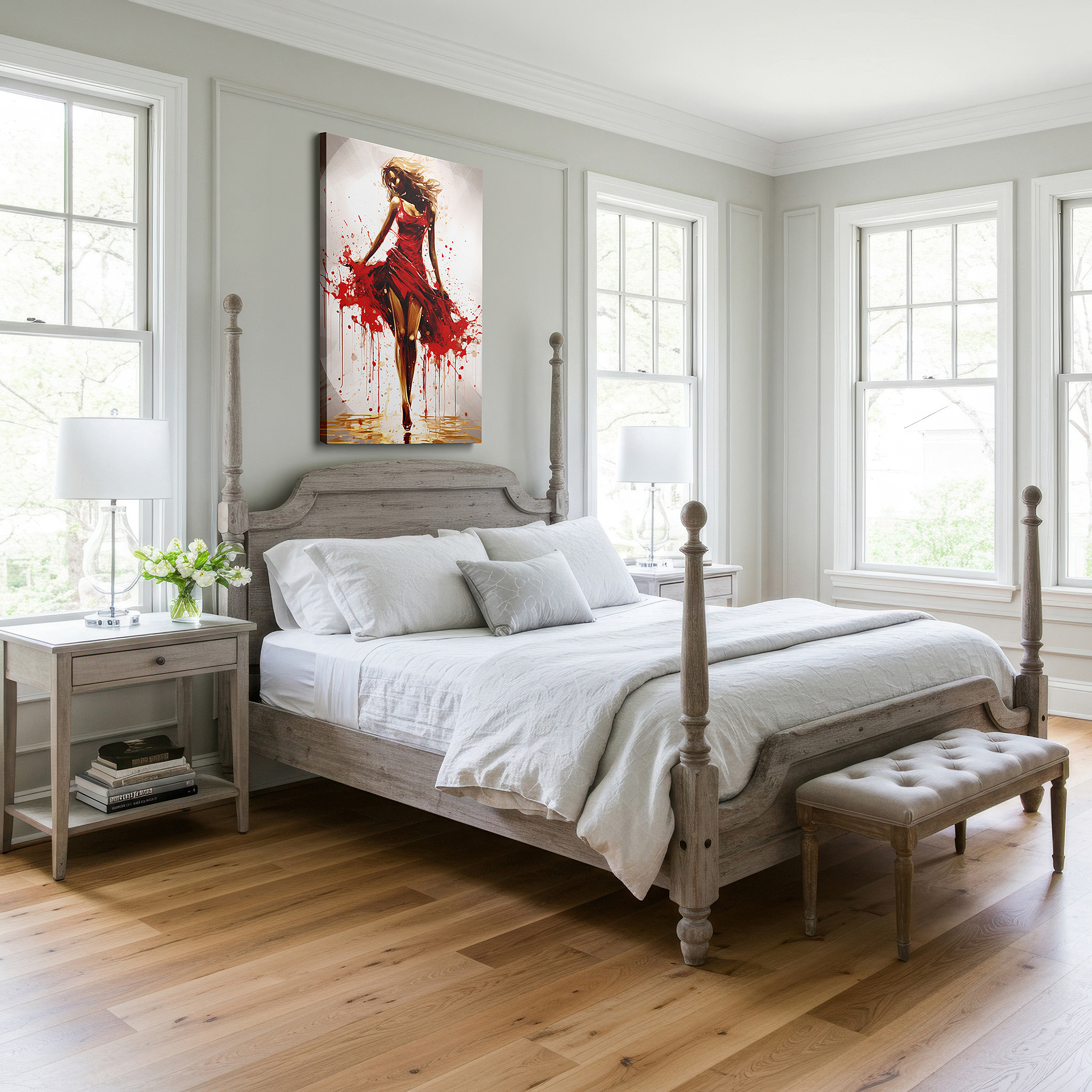 Gently illuminated by ambient lighting in an entryway — elegant red captivation: a symbol of feminine strength and creative energy - large wall art, canvas wall art, wall decor for office and bedroom