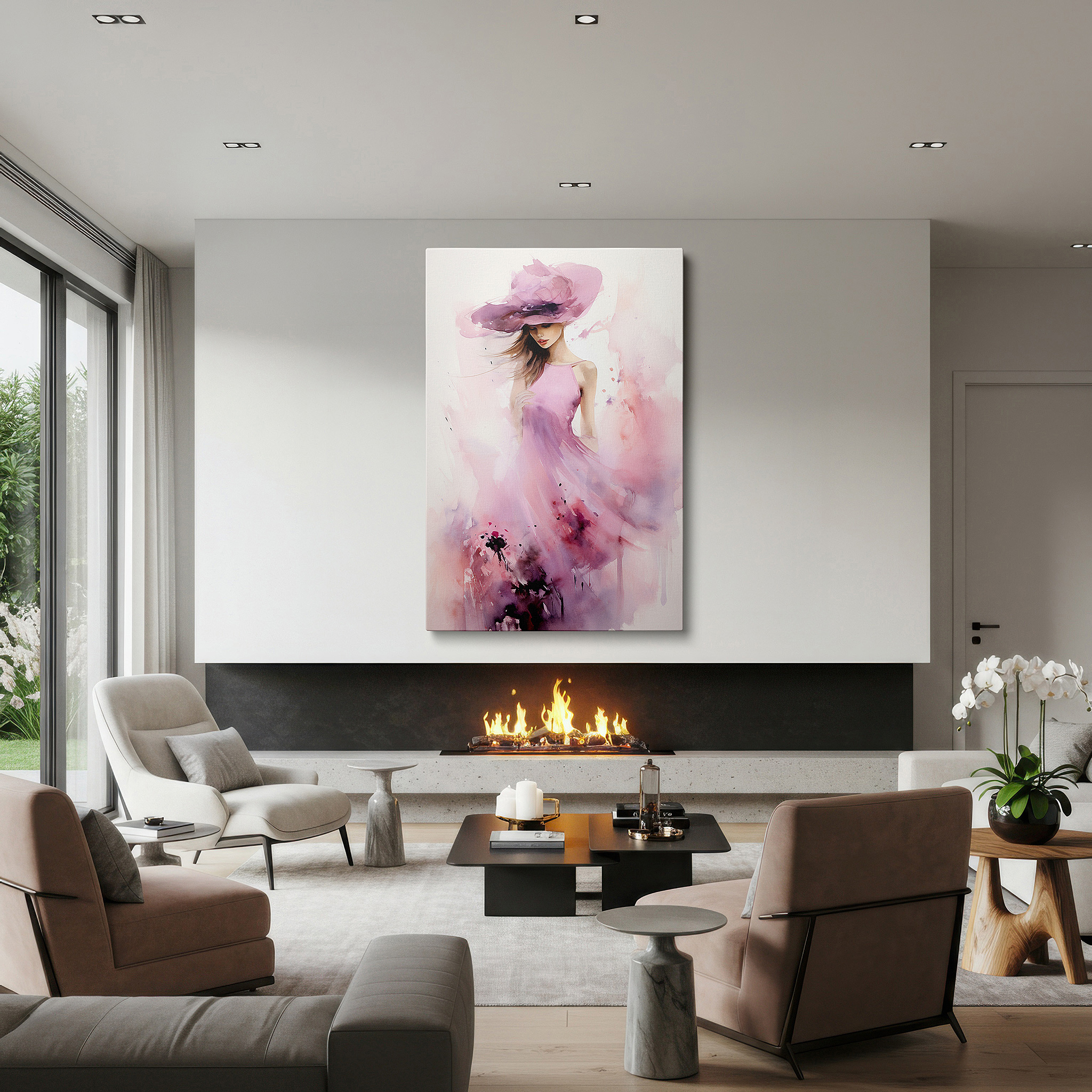 Gently illuminated by ambient lighting in an entryway — elegant serenity in pink: serene woman with wide-brimmed hat - large canvas wall art for office and bedroom decor