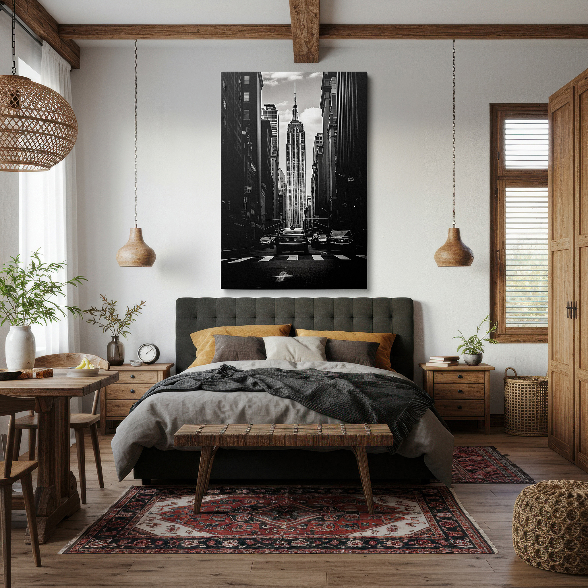 Gently illuminated by ambient lighting in an entryway — empire state building: a grand emblem of urban aspiration and vibrant city living - large wall art, canvas wall art, wall decor for offices