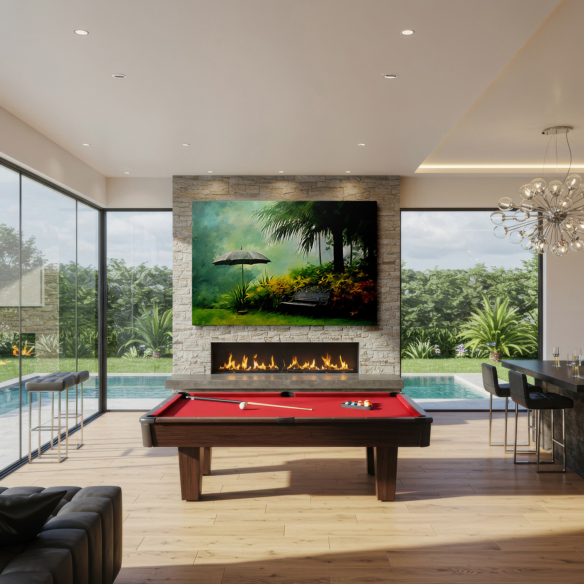 Gently illuminated by ambient lighting in an entryway — enchanting garden oasis featuring a hidden bench beneath a grey umbrella, a peaceful retreat surrounded by lush greenery and delicate flowers large wall art, canvas wall