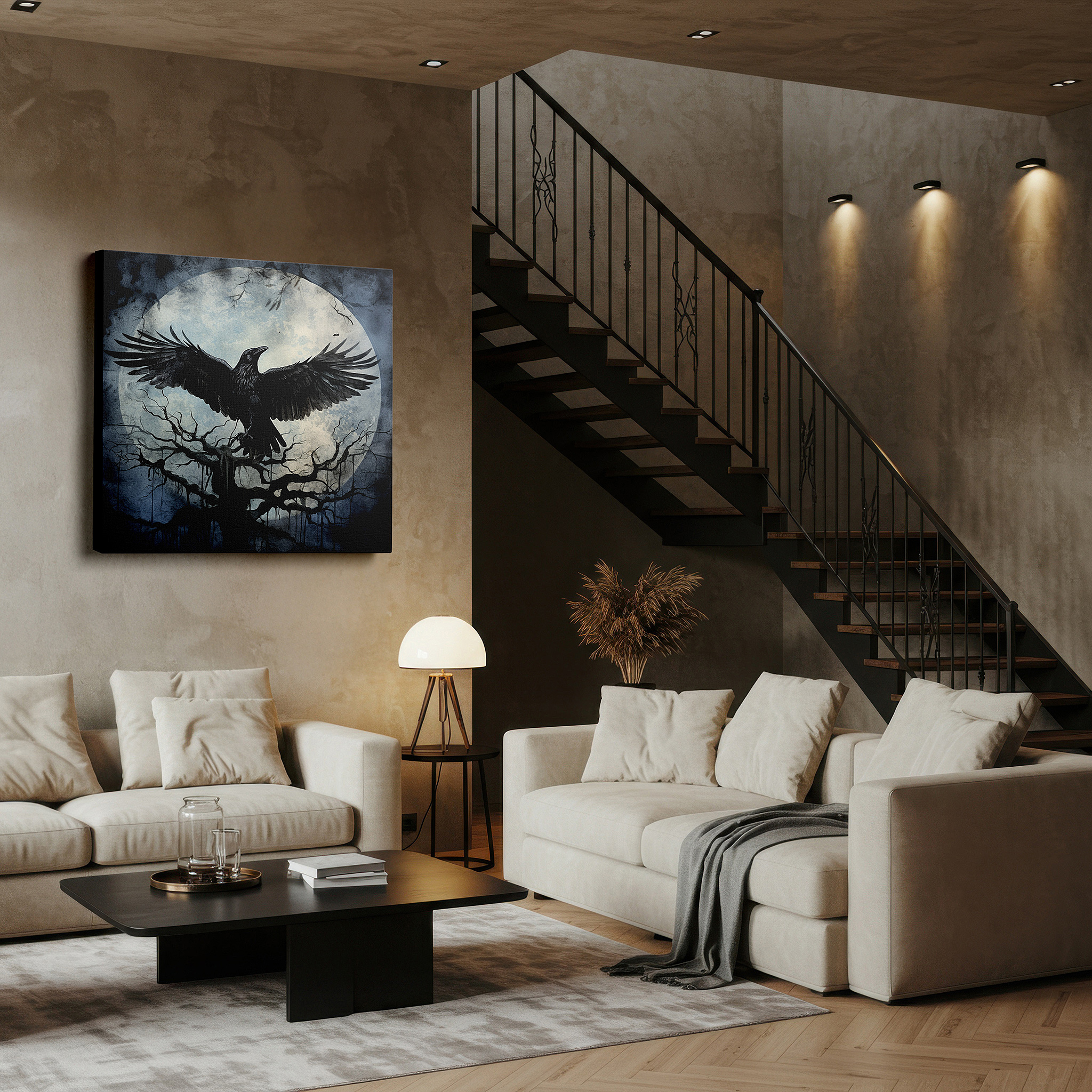 Gently illuminated by ambient lighting in an entryway — enigmatic raven on a withered branch under a mystical moon - large canvas wall art for office and bedroom decor