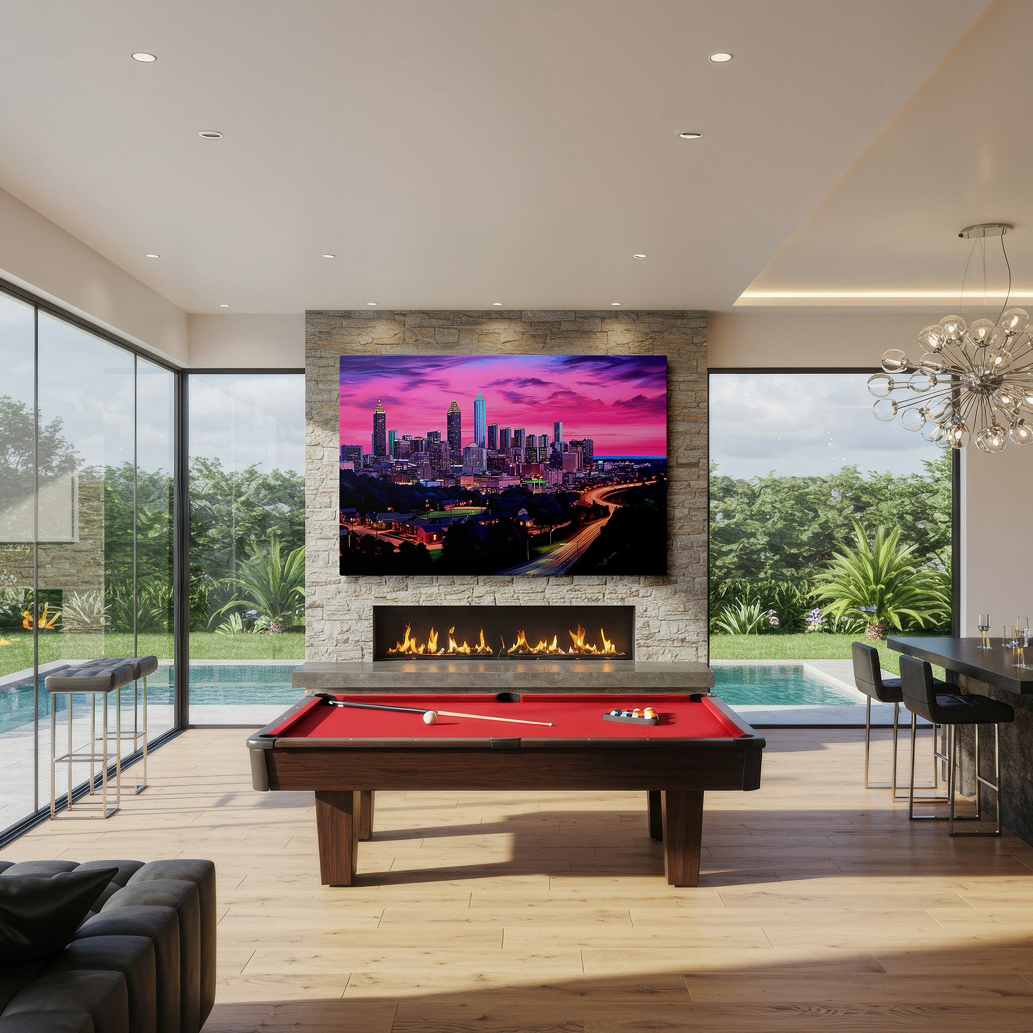 Gently illuminated by ambient lighting in an entryway — evening glow over atlanta skyline: a showcase of urban vitality and architectural beauty - large wall art, canvas wall art, wall decor for office