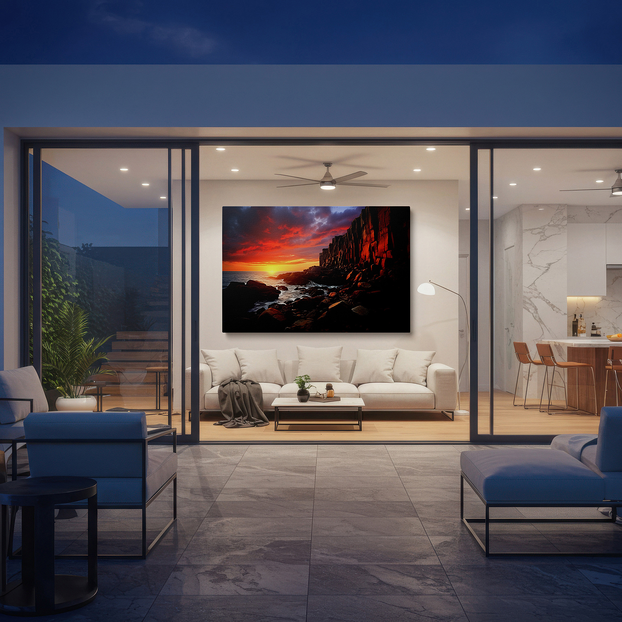 Gently illuminated by ambient lighting in an entryway — fiery sunset over rugged coastline, dramatic sky and formidable rocks large wall art, canvas wall art, wall decor for office and bedroom