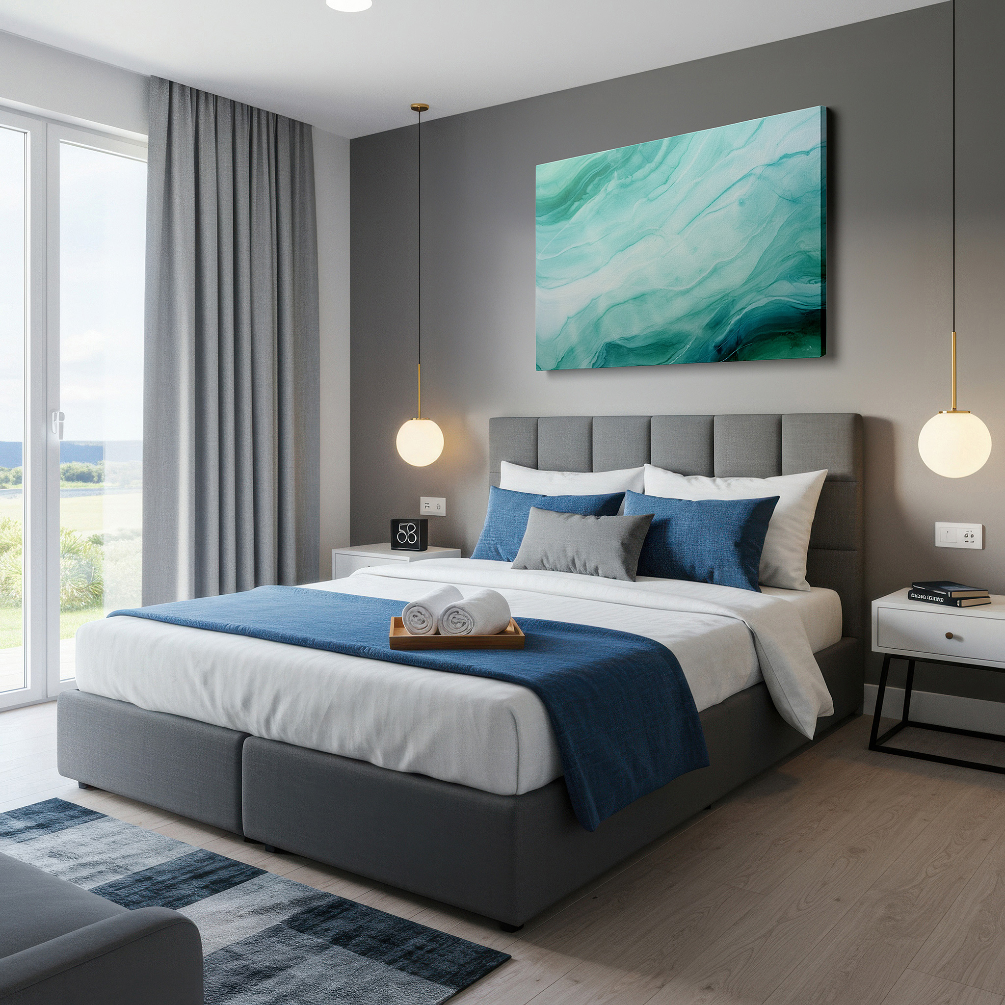 Gently illuminated by ambient lighting in an entryway — fluid forms and bright hues: a ballet of greens and blues - large wall art, canvas wall art, wall decor for office and bedroom