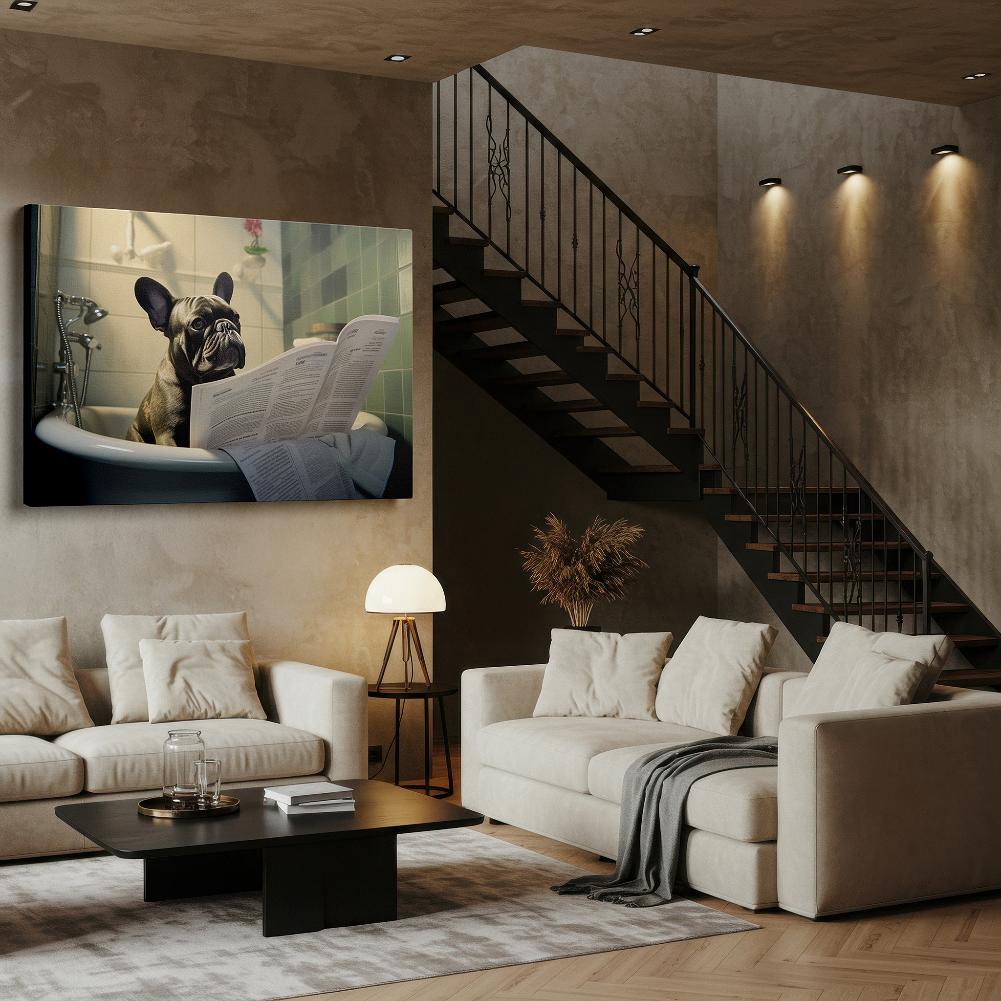 Gently illuminated by ambient lighting in an entryway — french bulldog enjoys cozy bathroom read large wall art, canvas wall art, wall art decor, office wall art, bedroom wall art, living room wall art