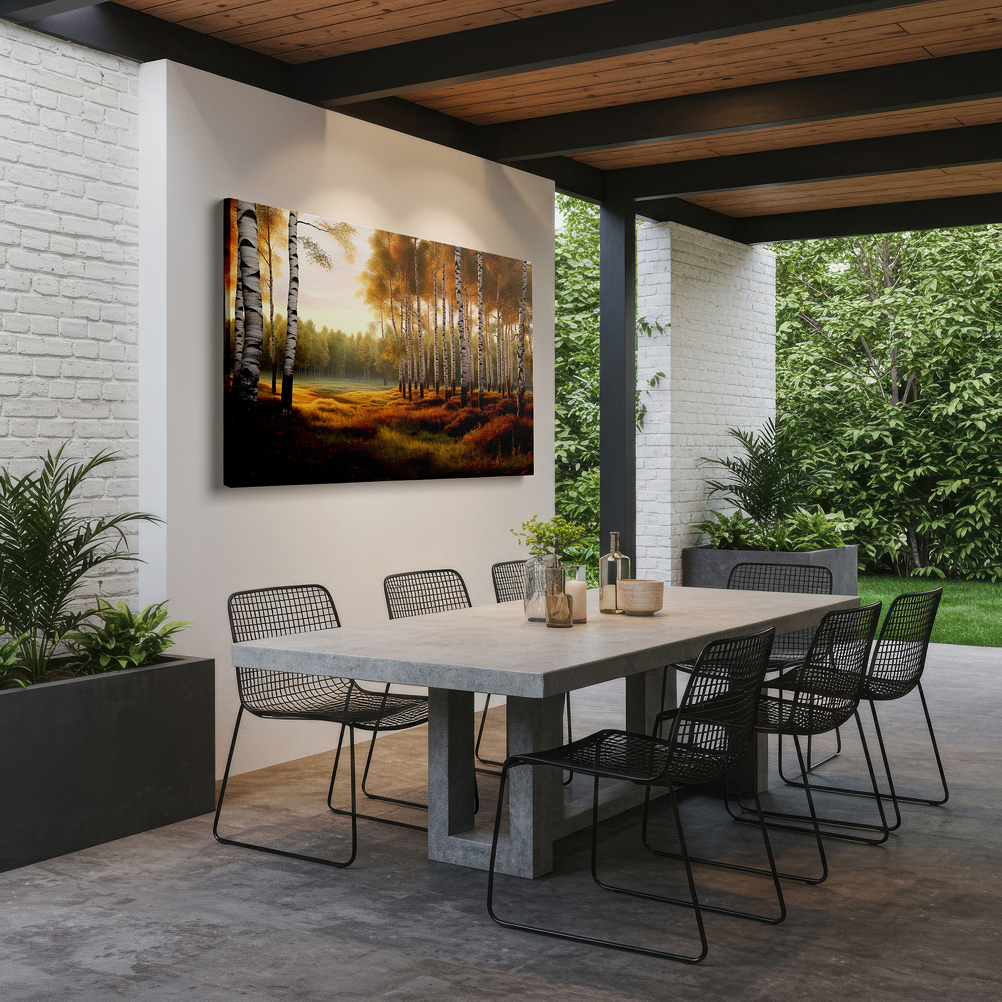 Gently illuminated by ambient lighting in an entryway — golden birch trees in a peaceful autumn meadow: large canvas wall art for office, bedroom, and living room decor
