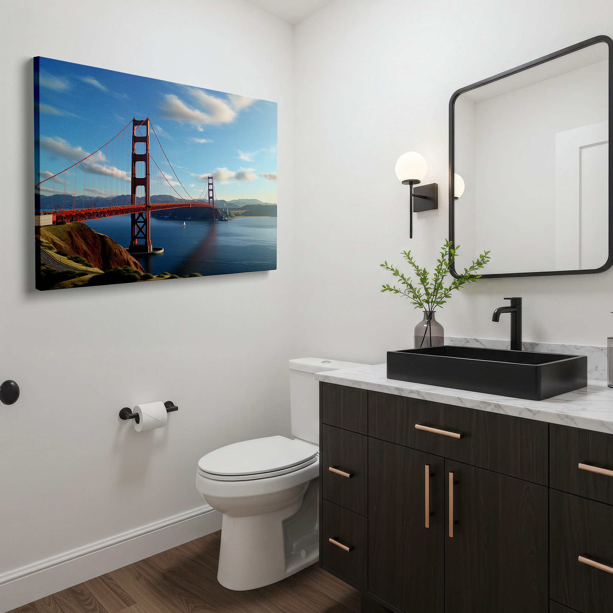 Gently illuminated by ambient lighting in an entryway — golden gate bridge wall art: majestic scene with tranquil san francisco skies - large canvas for home and office decor, perfect for living room and bedroom