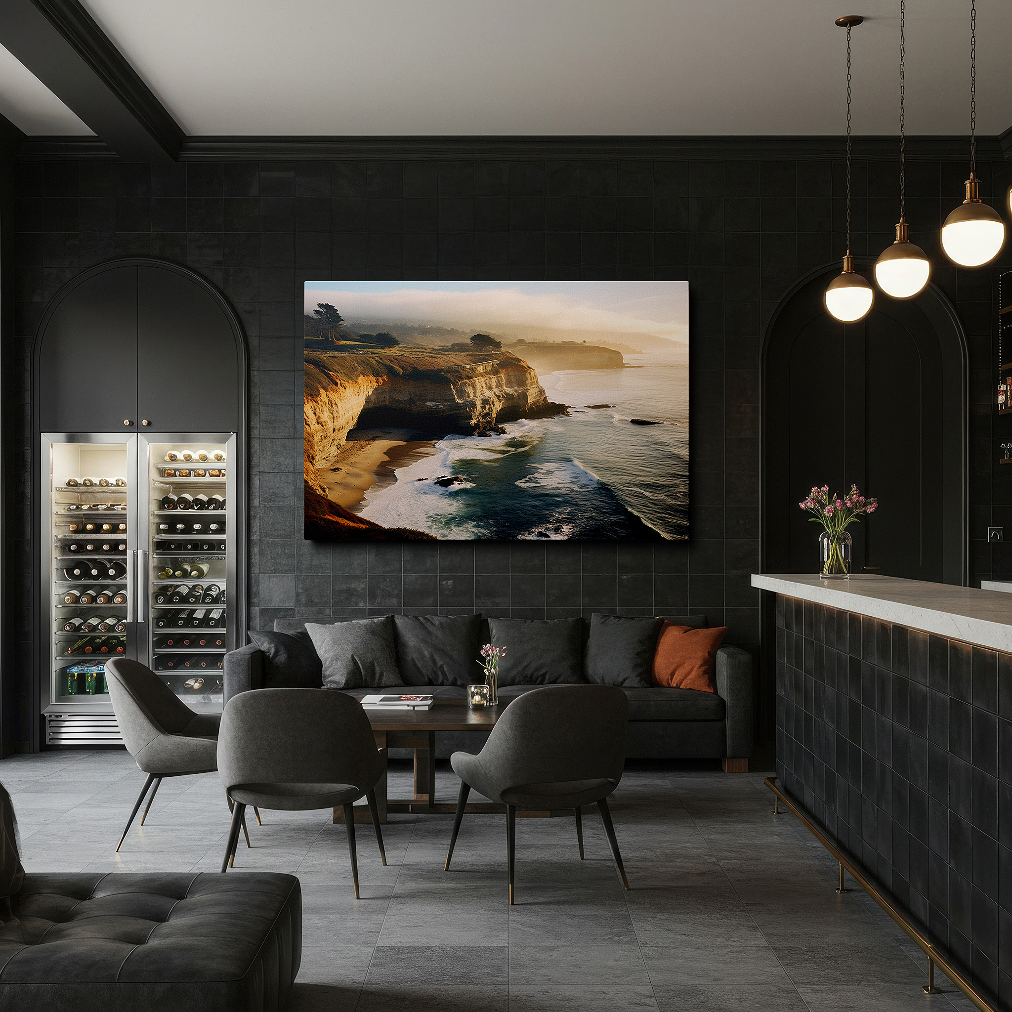 Gently illuminated by ambient lighting in an entryway — golden morning light on coastal cliffs: serene land and sea interaction large wall art, canvas wall art, wall decor, office wall art