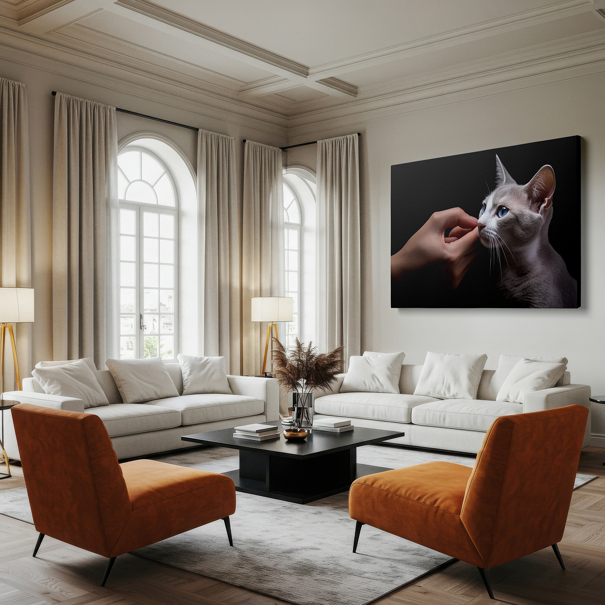 Gently illuminated by ambient lighting in an entryway — intimate moment of friendship between cat and owner illustrated in large wall art, canvas wall art, wall art decor, office wall art, bedroom wall art