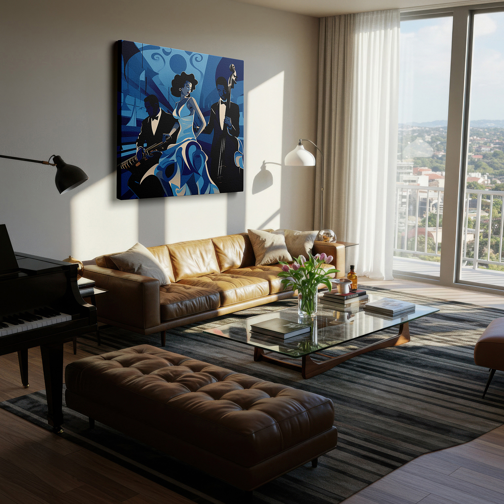 Gently illuminated by ambient lighting in an entryway — jazz trio soulful blues large wall art, serene shades canvas, live music essence wall decor for office