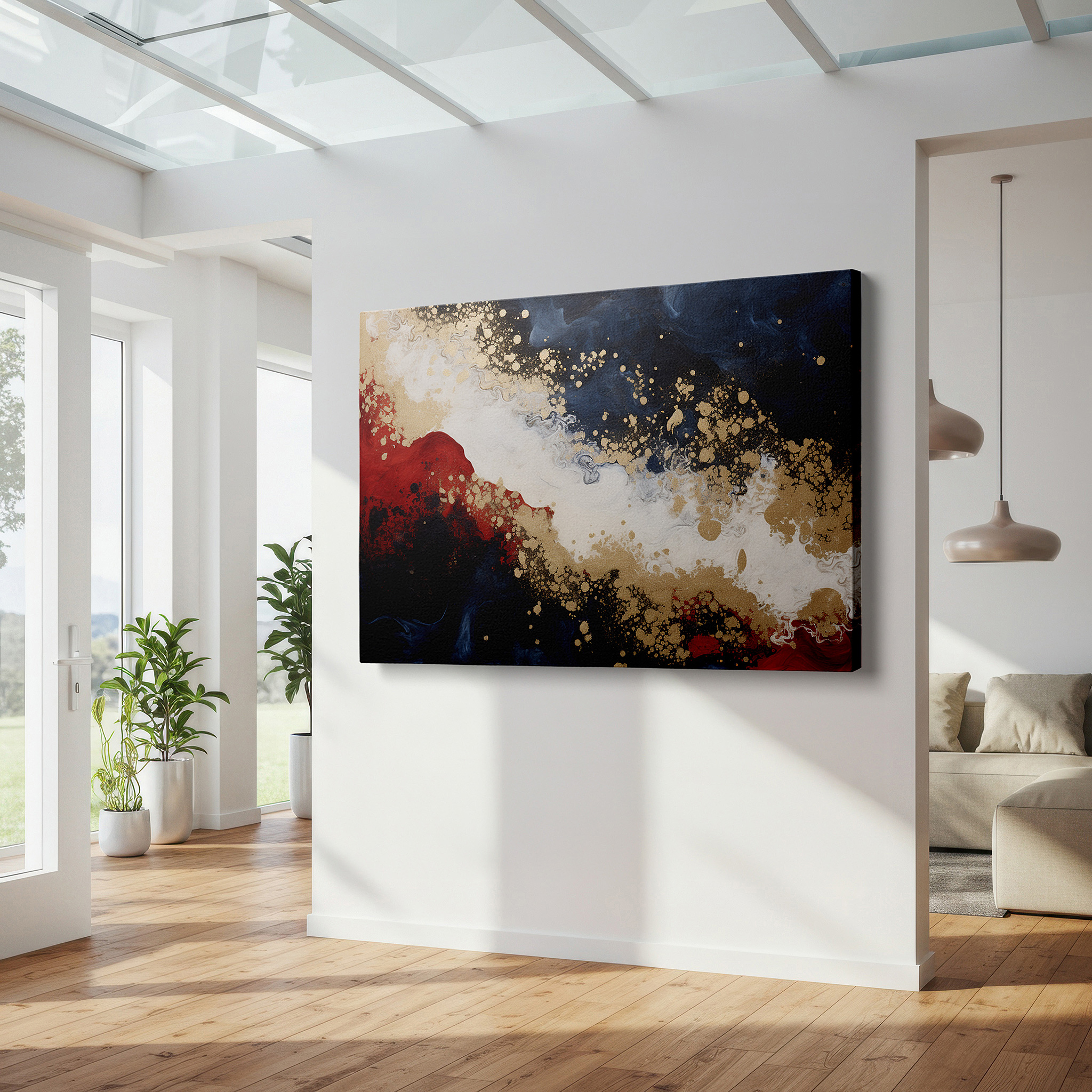 Gently illuminated by ambient lighting in an entryway — luxurious gold, mysterious deep blue, and vibrant red abstract canvas: inspiring and illuminating large wall art, canvas wall decor