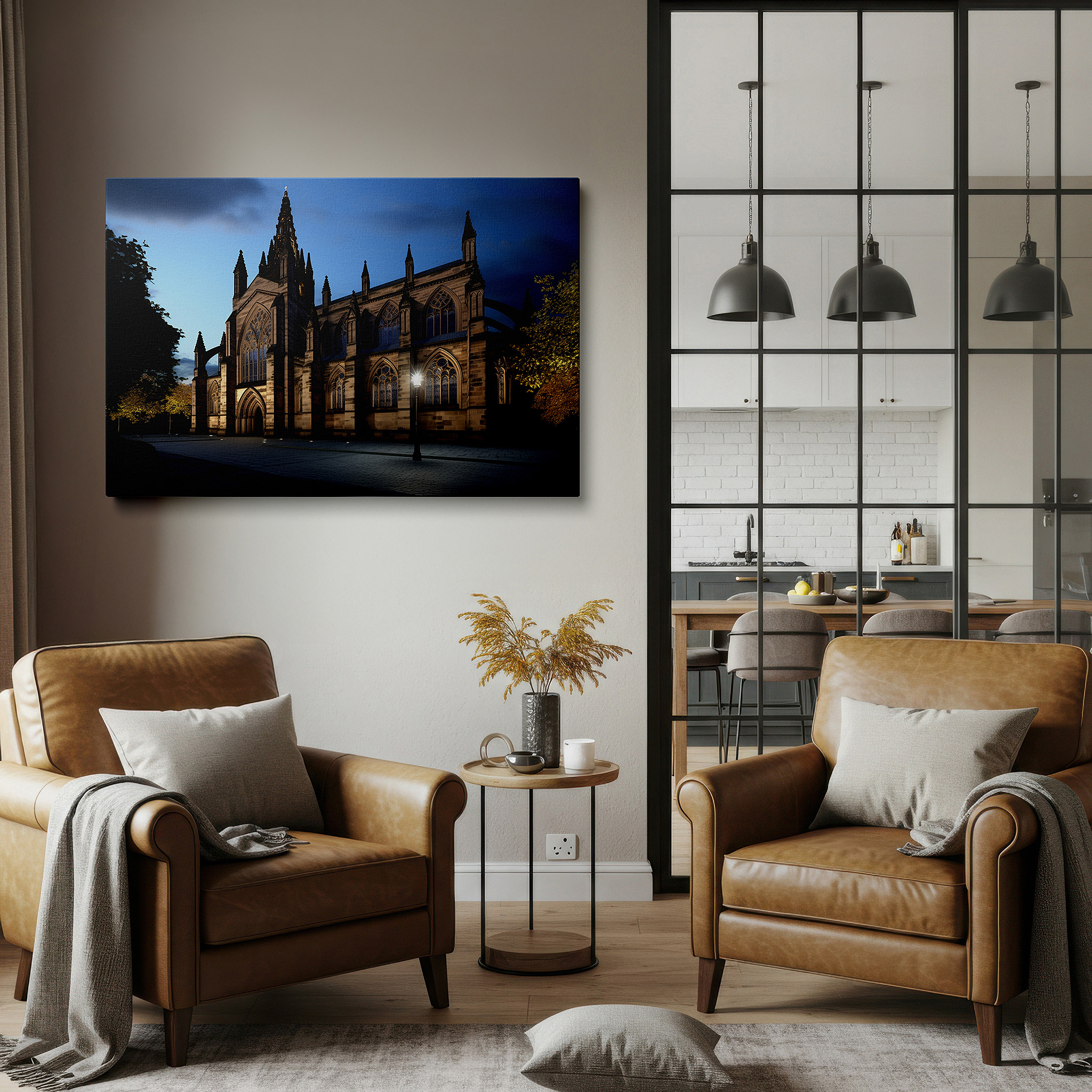 Gently illuminated by ambient lighting in an entryway — majestic cathedral at dusk: a mystical and ethereal architectural display, large canvas wall art decor
