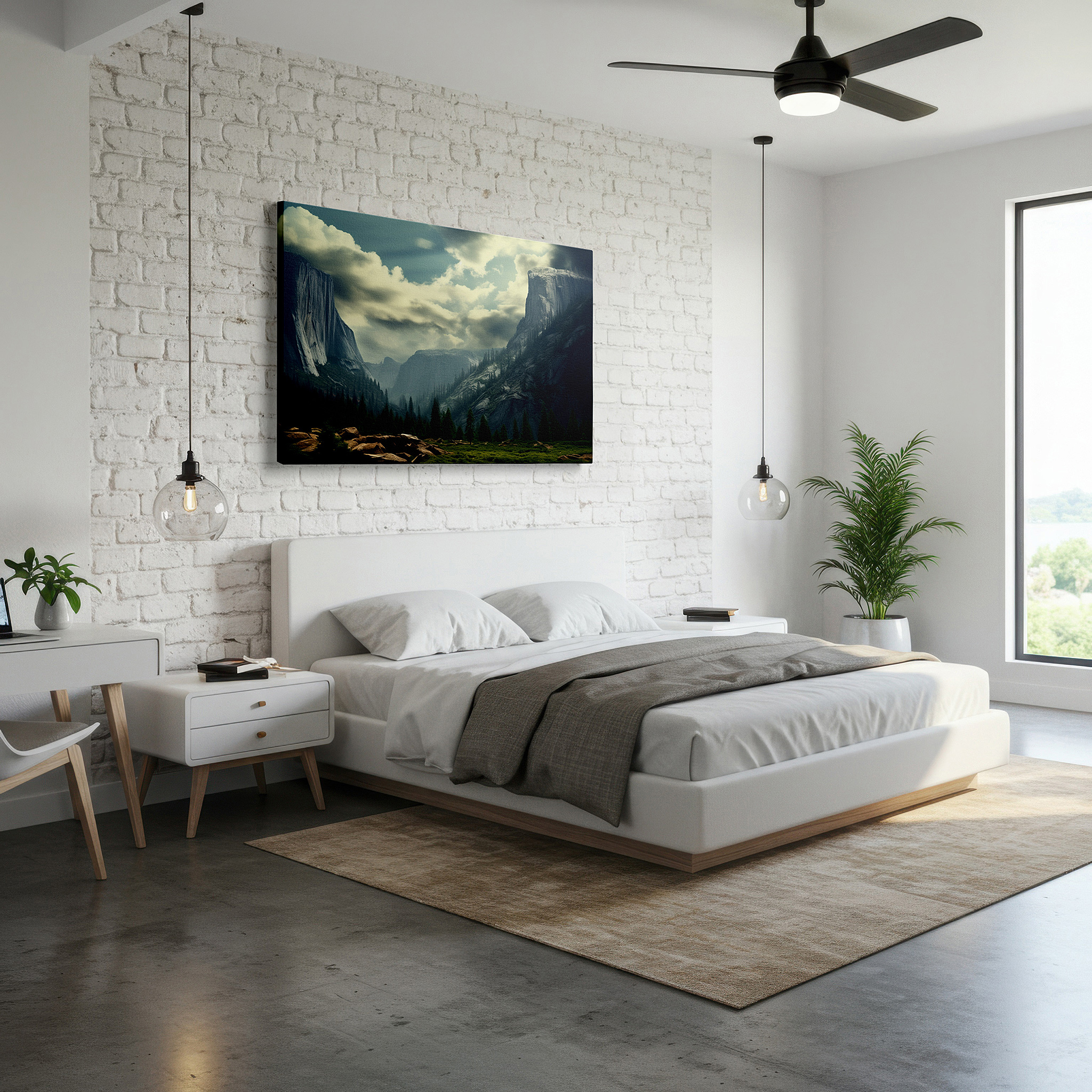 Gently illuminated by ambient lighting in an entryway — majestic mountains and moody skies: a tranquil yet dramatic landscape - large wall art, canvas wall art, wall decor for offices and bedrooms