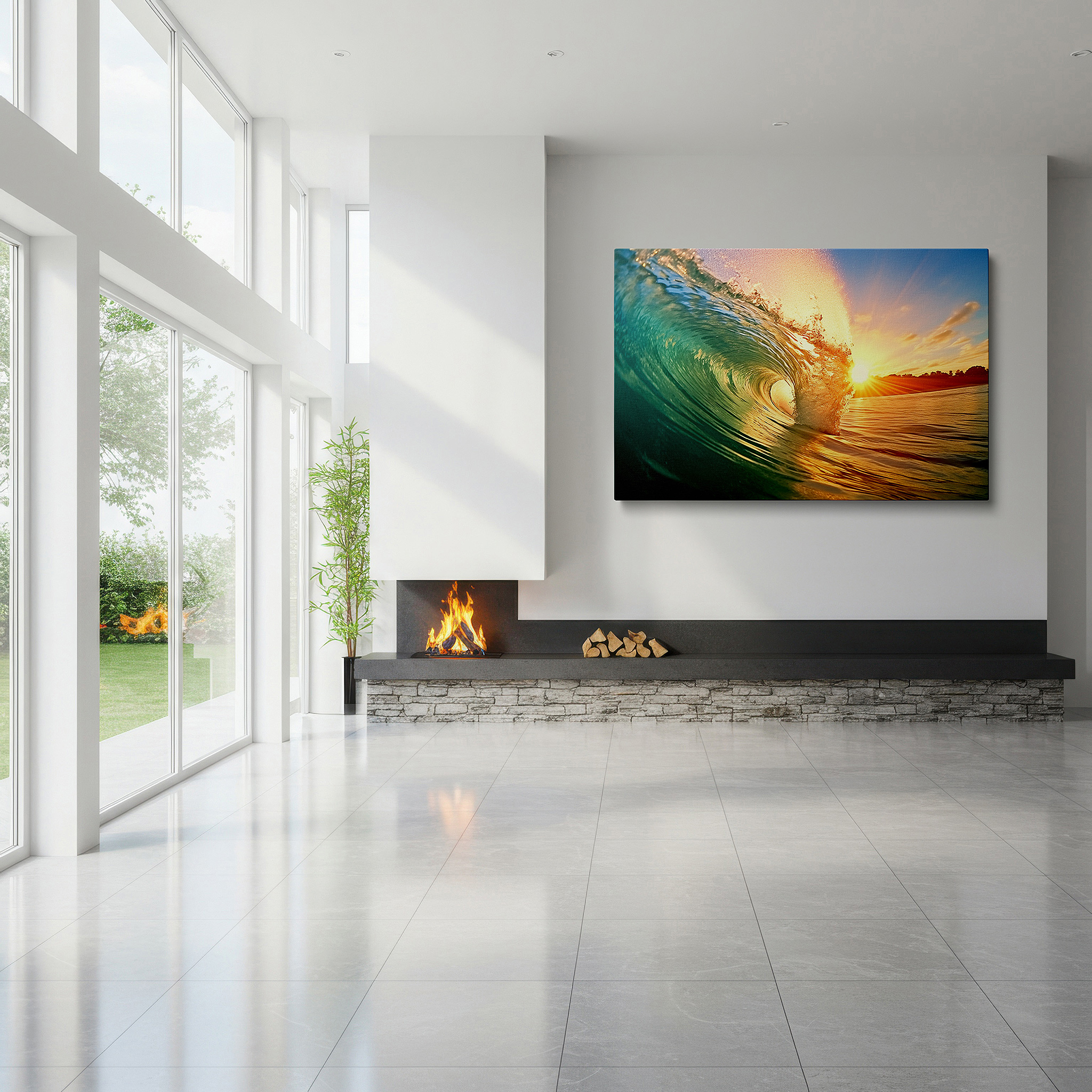Gently illuminated by ambient lighting in an entryway — majestic sunset wave - serene and powerful nature scene large wall art, canvas wall art, wall decor for office, bedroom, and living room