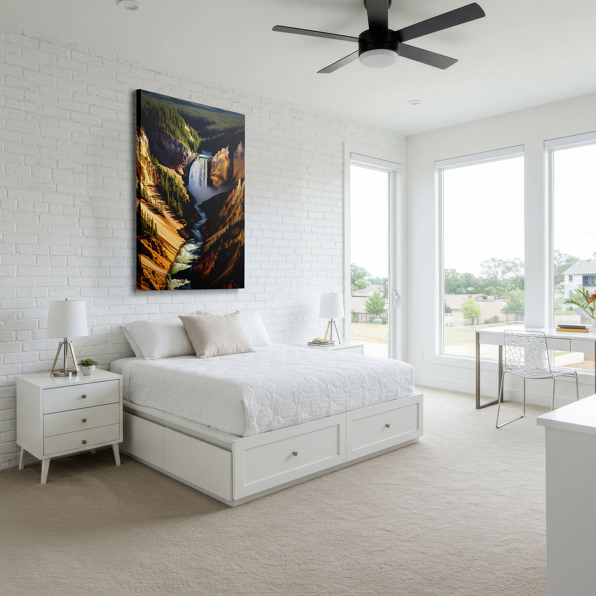 Gently illuminated by ambient lighting in an entryway — majestic waterfall and rugged canyon wall art - celebrating the power and beauty of nature, perfect for office and bedroom decor, available as large canvas