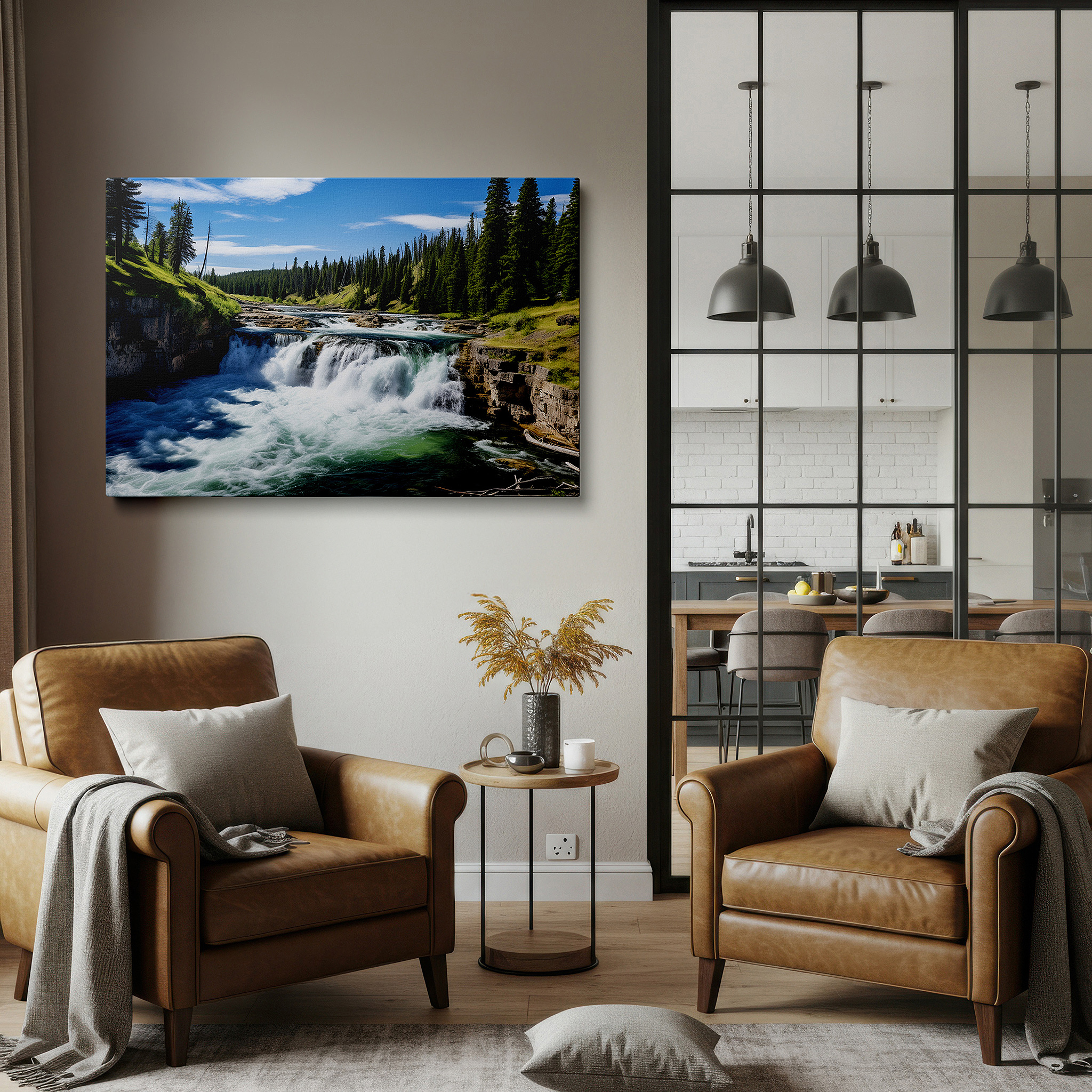 Gently illuminated by ambient lighting in an entryway — majestic waterfall and serene pool canvas wall art surrounded by lush greenery for office, living room, and bedroom decor