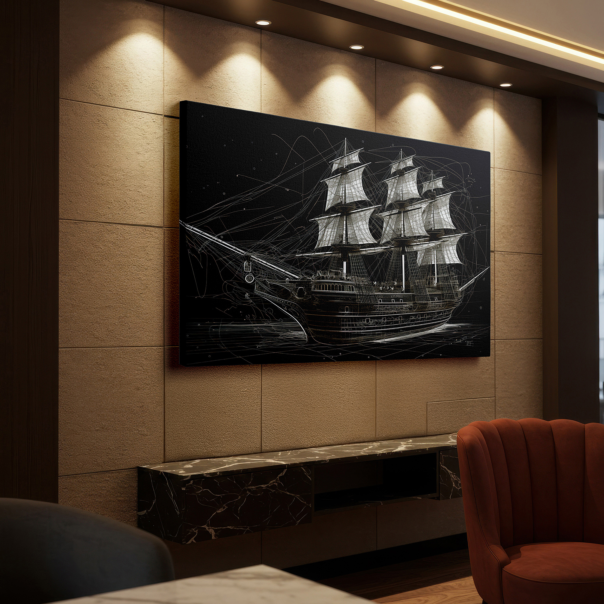 Gently illuminated by ambient lighting in an entryway — maritime masterpiece wall art: wireframe ship design showcasing architectural elegance - ideal for office, bedroom, and home decor