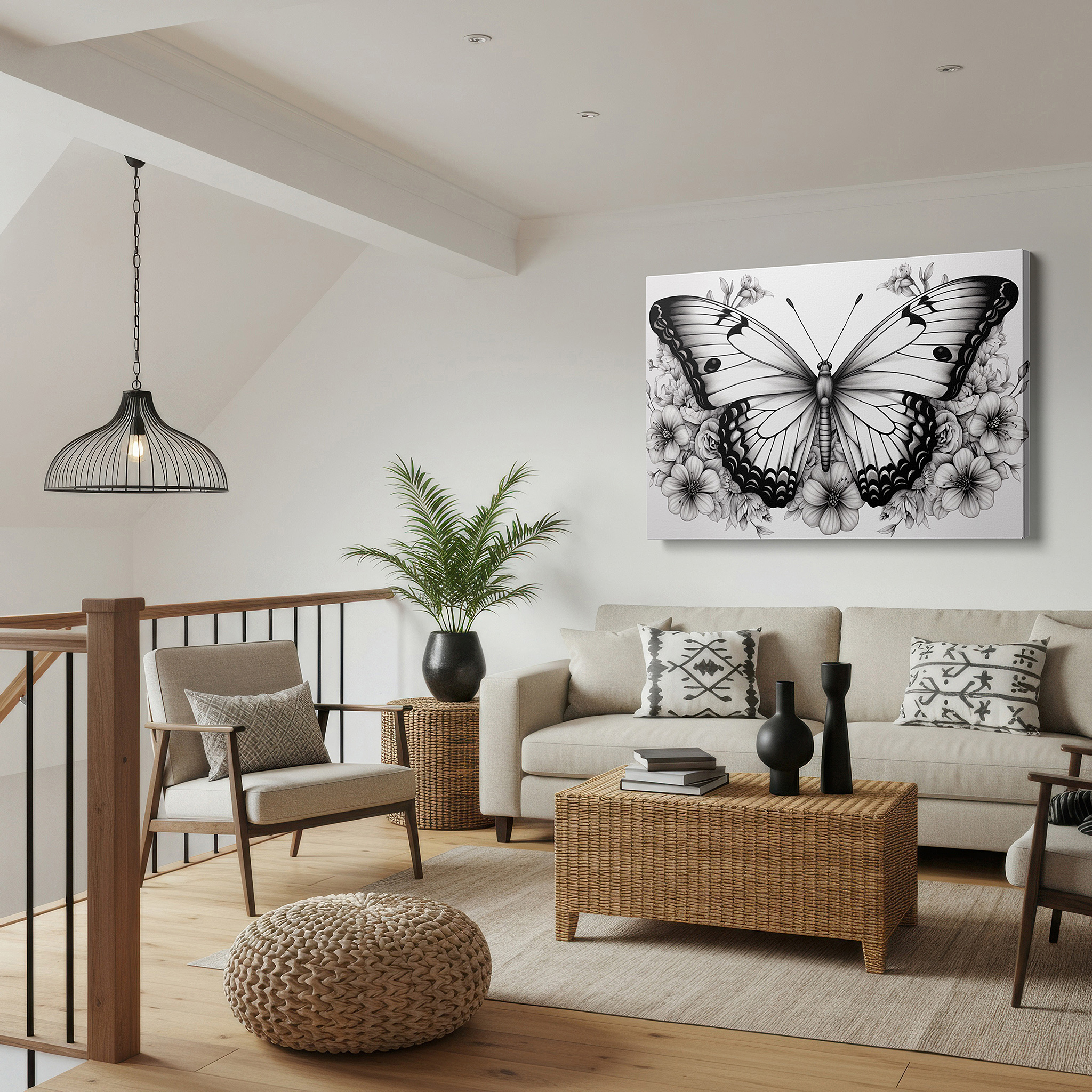 Gently illuminated by ambient lighting in an entryway — monochrome butterfly on flowers large canvas wall art for office and bedroom decor