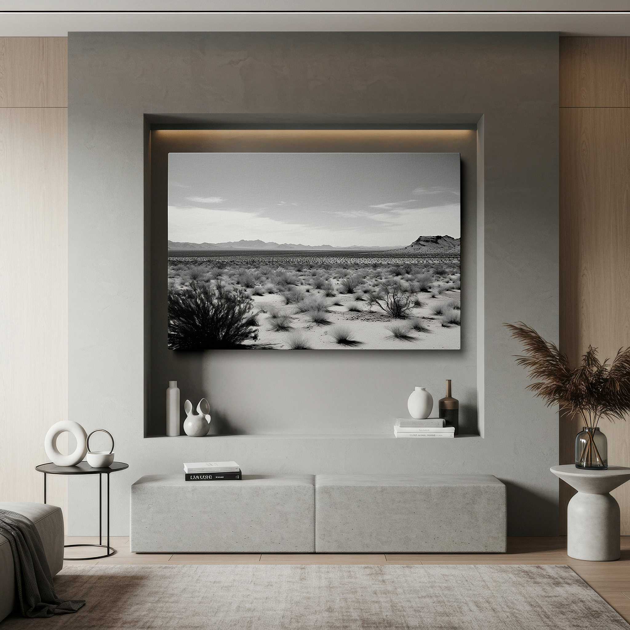 Gently illuminated by ambient lighting in an entryway — monochrome serene desert dunes, tranquil nature scene with dynamic light and shadow, large wall art, canvas wall art, wall decor