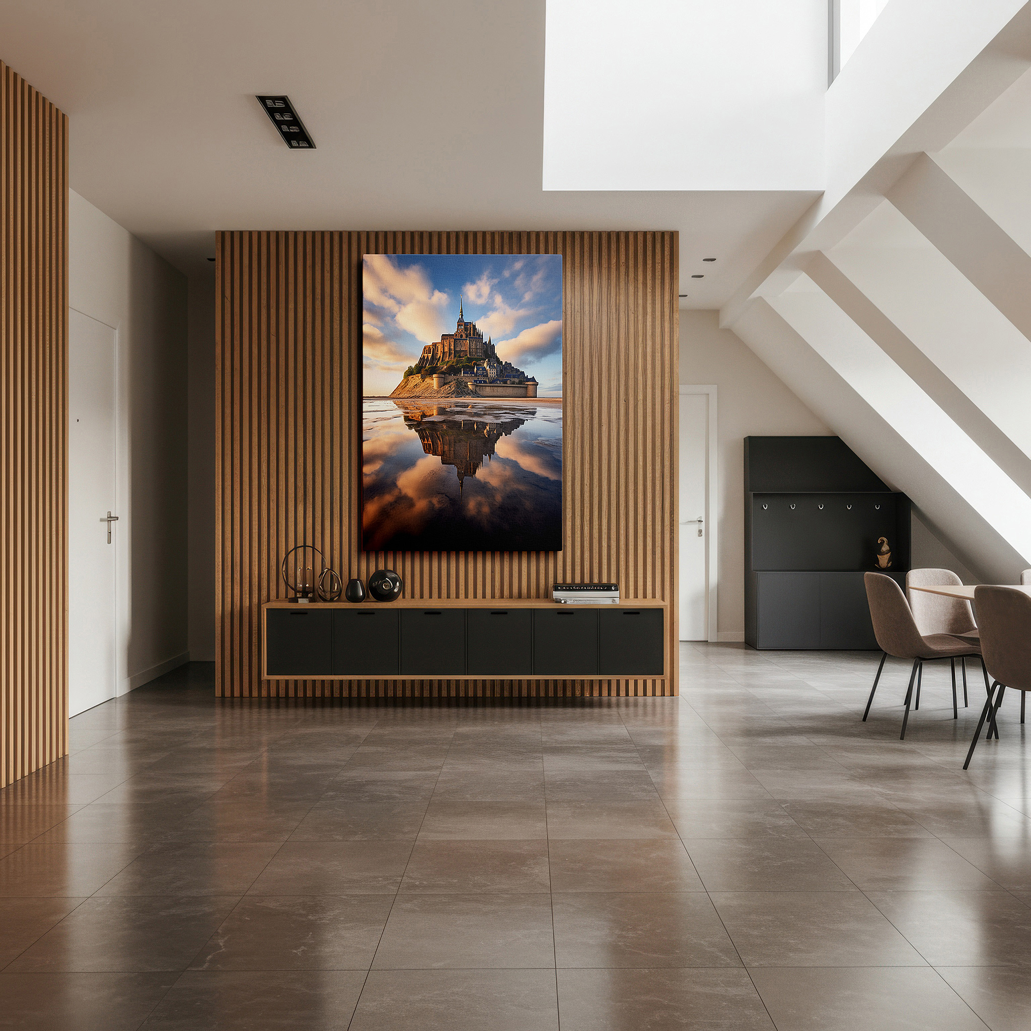 Gently illuminated by ambient lighting in an entryway — mont saint-michel at sunset wall art: timeless beauty reflected in tranquil waters - large canvas for home and office decor, perfect for living room and bedroom