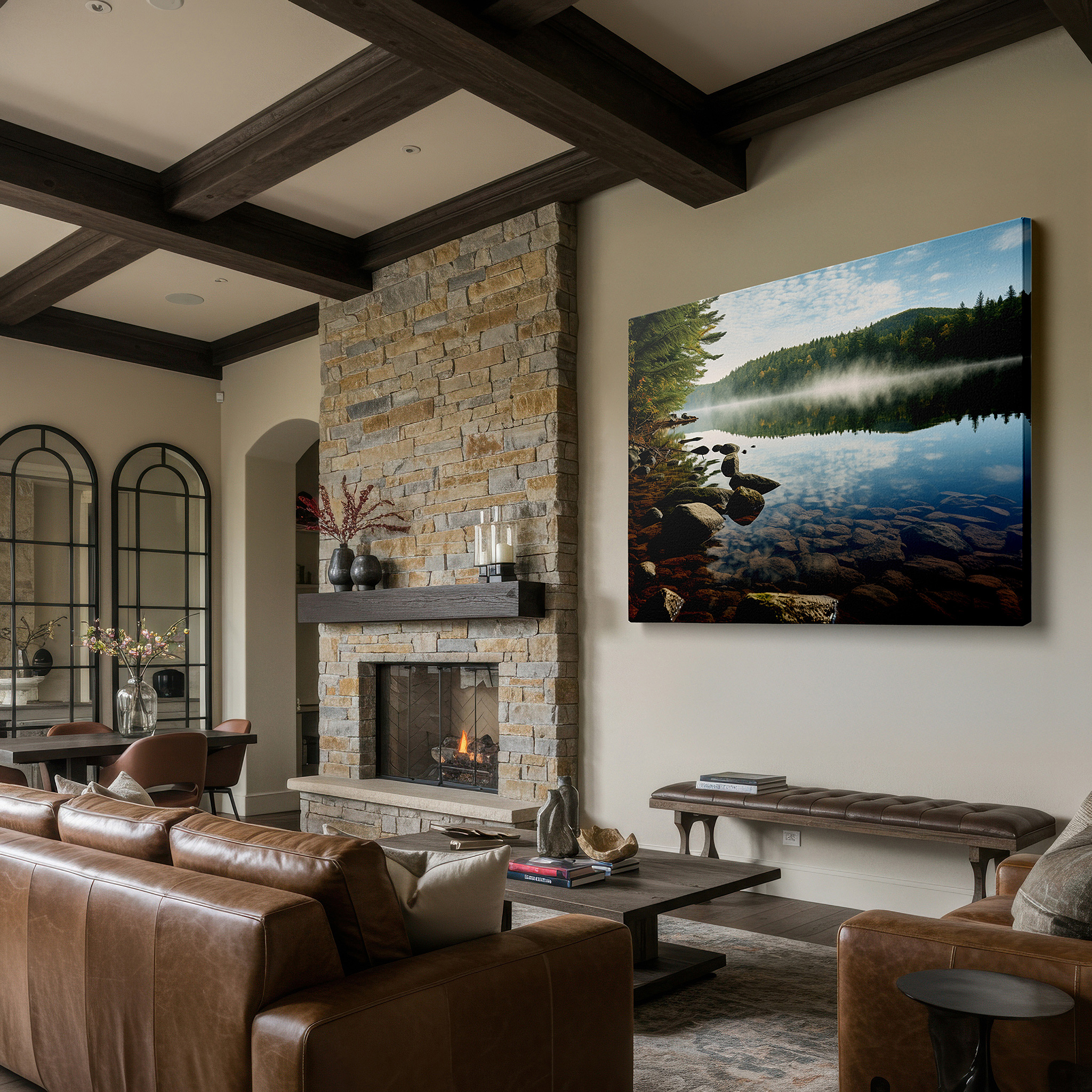 Gently illuminated by ambient lighting in an entryway — morning's soft clasp: serene lake surrounded by verdant woods in early light - oversized wall art, canvas art, home and office decor