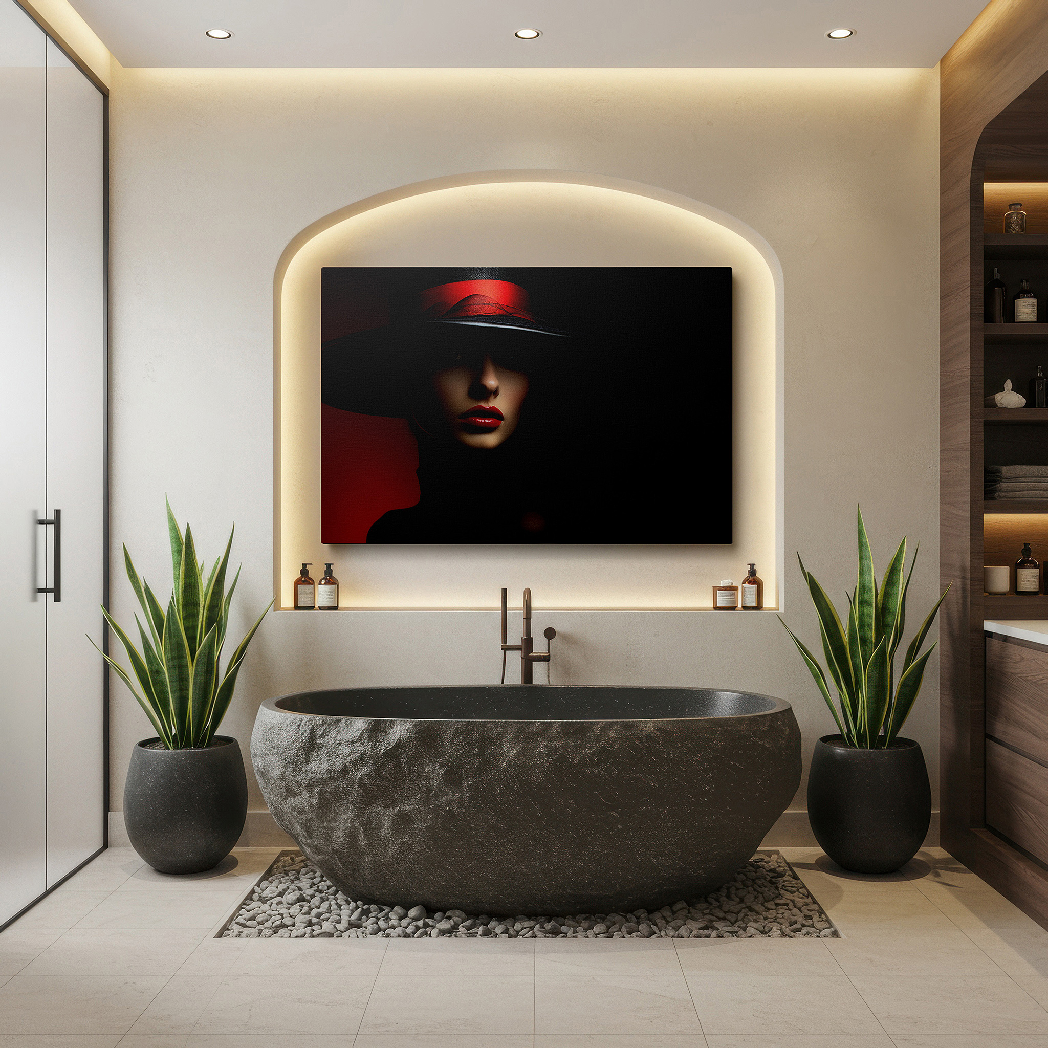 Gently illuminated by ambient lighting in an entryway — mysterious woman in shadow and light, dramatic black hat large wall art, canvas wall art, wall decor for office