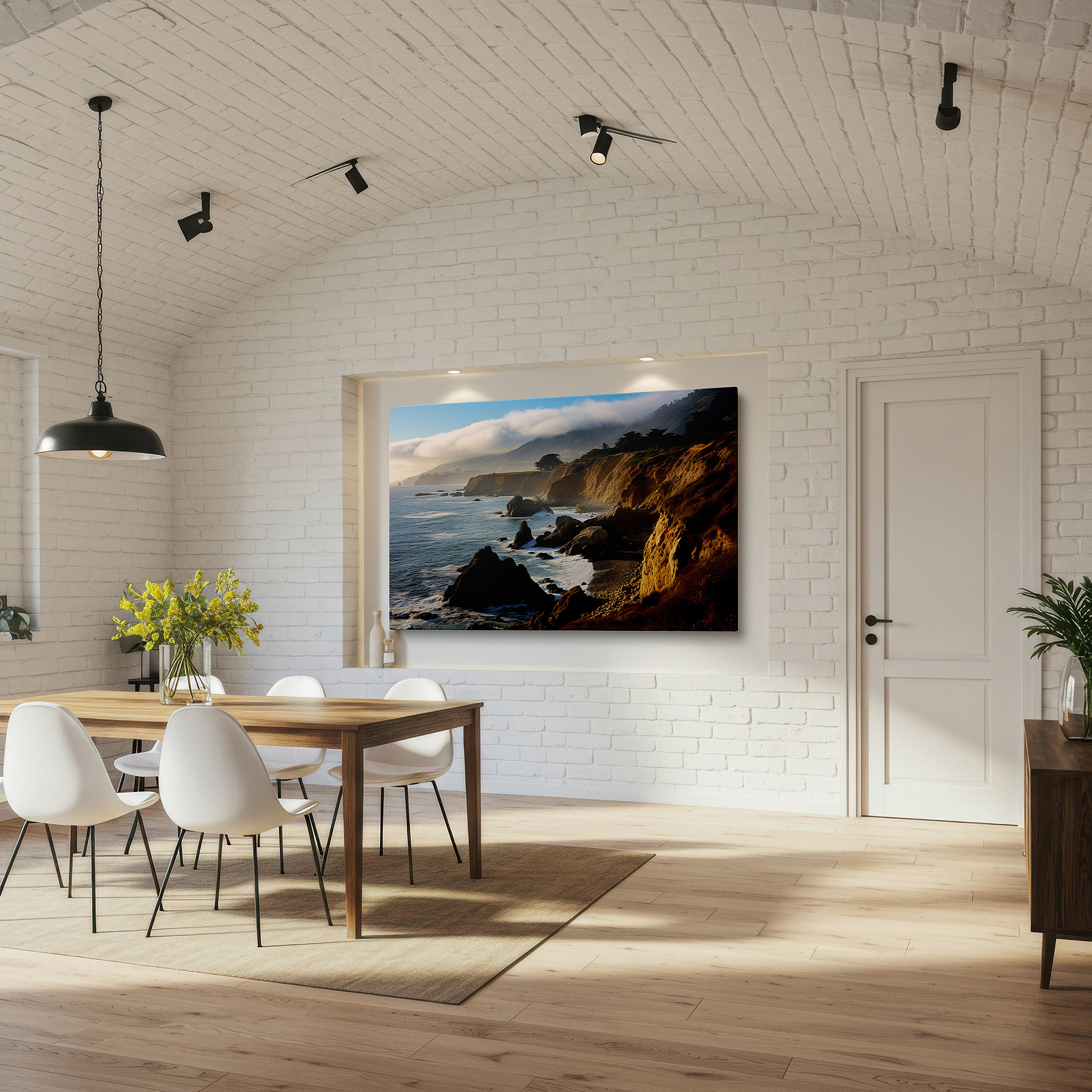 Gently illuminated by ambient lighting in an entryway — mystical fog and ocean's rage over rugged cliffs large canvas wall art for office and bedroom decor