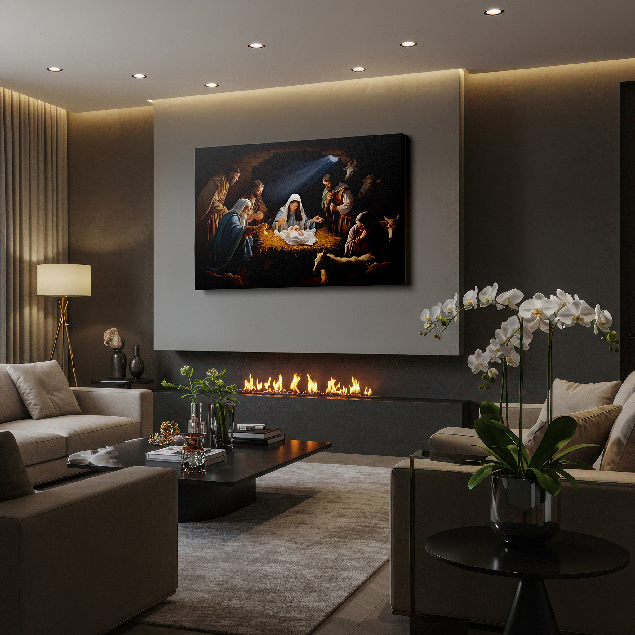 Gently illuminated by ambient lighting in an entryway — nativity scene wall art: a touching representation of mary, joseph, and baby jesus - large canvas for home or office decor