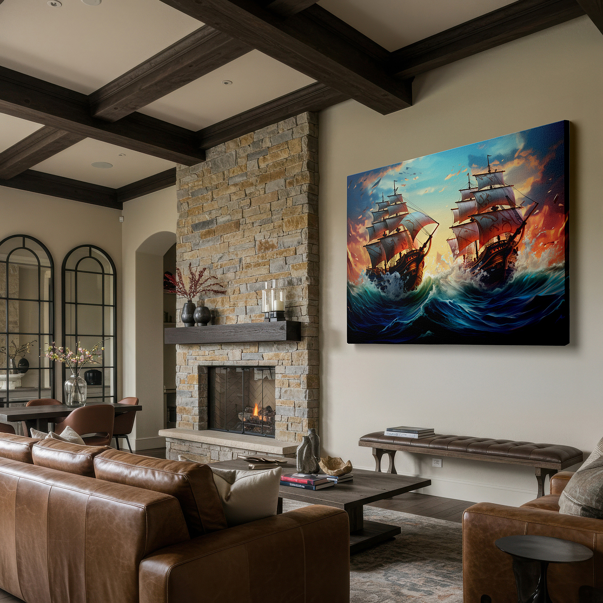 Gently illuminated by ambient lighting in an entryway — naval battle excellence: stunning maritime combat scene, oversized canvas wall art for home and office decor