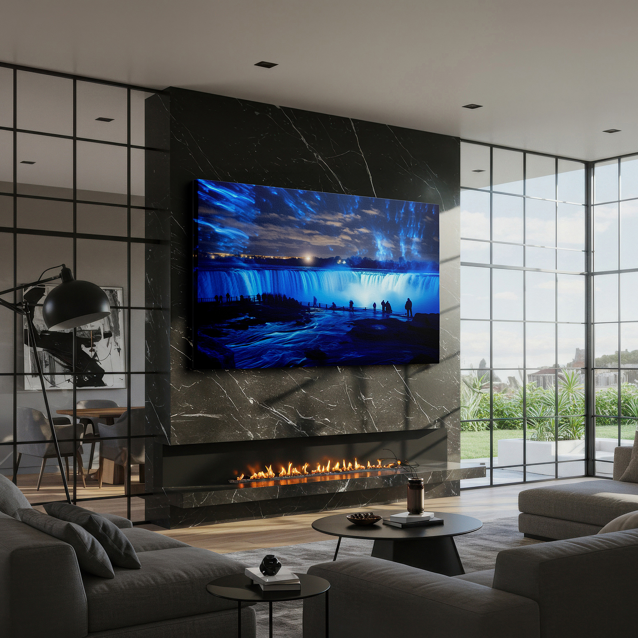 Gently illuminated by ambient lighting in an entryway — niagara falls enchanted evening: magical light and water display - large canvas wall art for home and office decor
